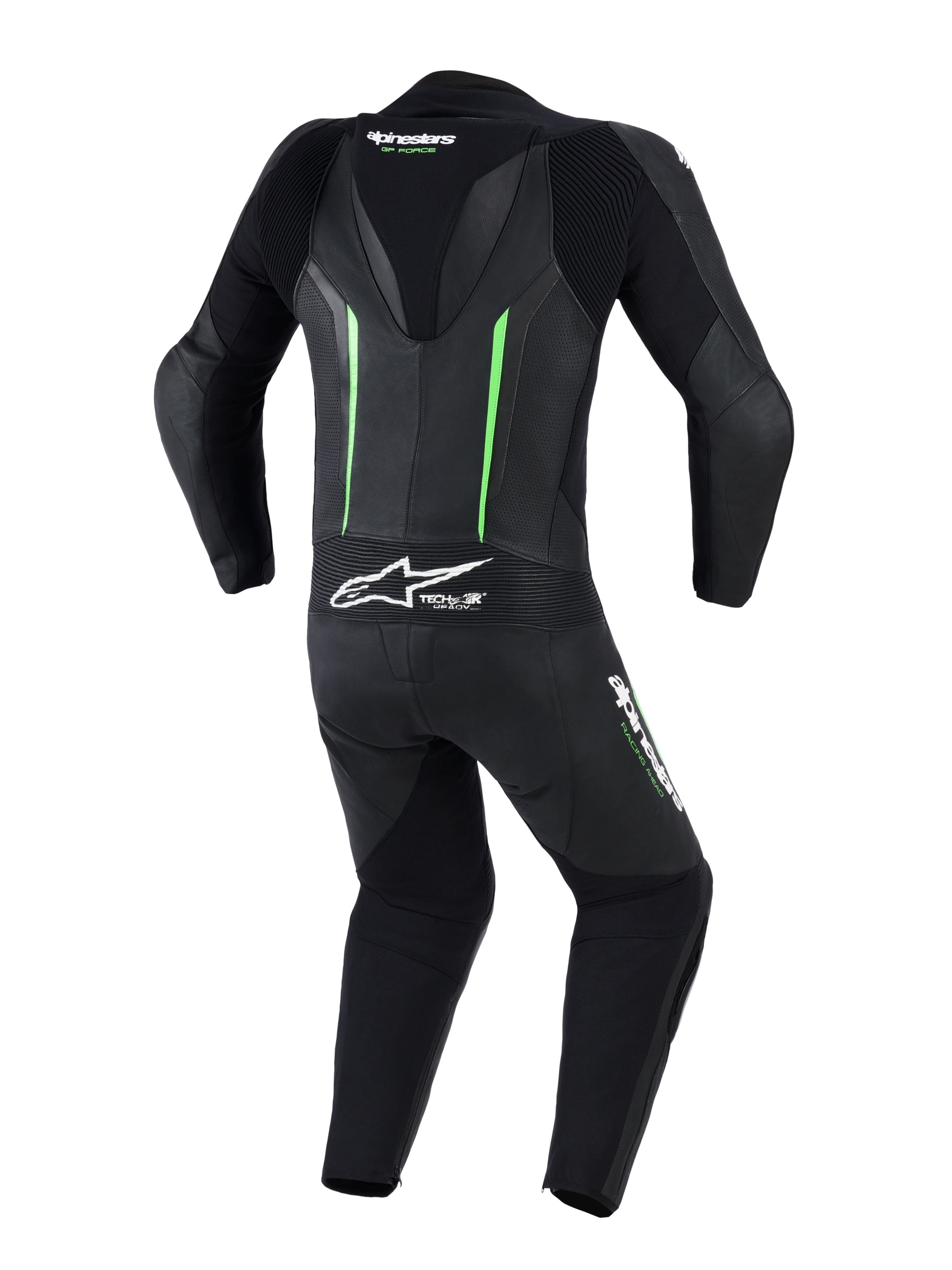 Traje de cuero Alpinestars GP Force V2 de 1 pieza, vista trasera, negro con detalles en verde fluorescente, con joroba aerodinámica, paneles de cuero perforado, zonas elásticas de acordeón y marca Tech-Air Ready, equipamiento profesional para carreras de motos