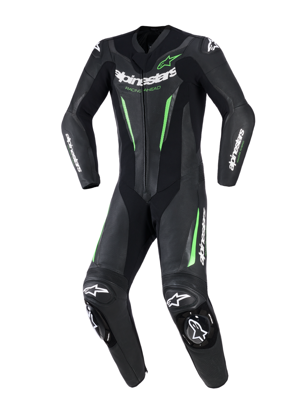 Traje de cuero Alpinestars GP Force V2 - 1 Pieza, traje de motociclismo de una pieza para competición, negro con detalles en verde neón y logotipos blancos, con paneles de cuero perforado, deslizadores externos DFS Lite en hombros y rodillas, y diseño de ajuste deportivo.