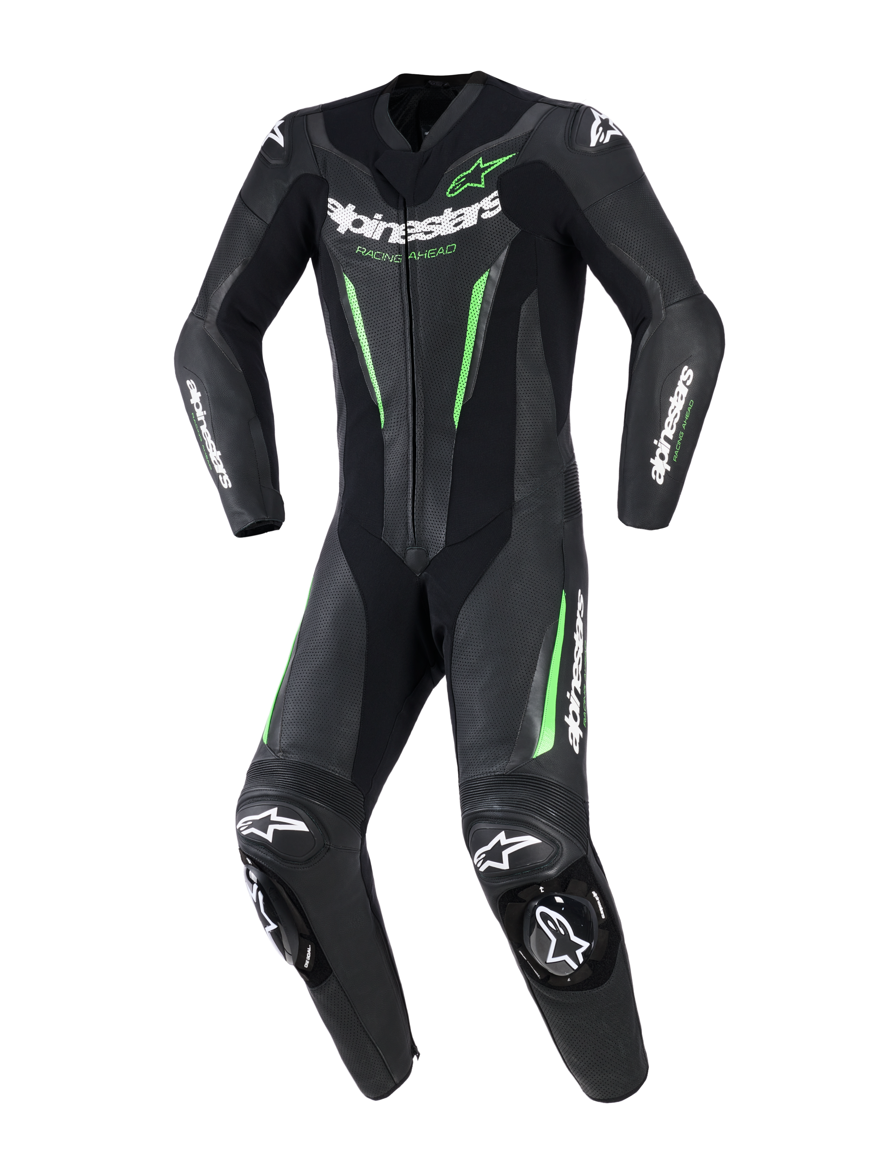 Traje de cuero Alpinestars GP Force V2 - 1 Pieza, traje de motociclismo de una pieza para competición, negro con detalles en verde neón y logotipos blancos, con paneles de cuero perforado, deslizadores externos DFS Lite en hombros y rodillas, y diseño de ajuste deportivo.