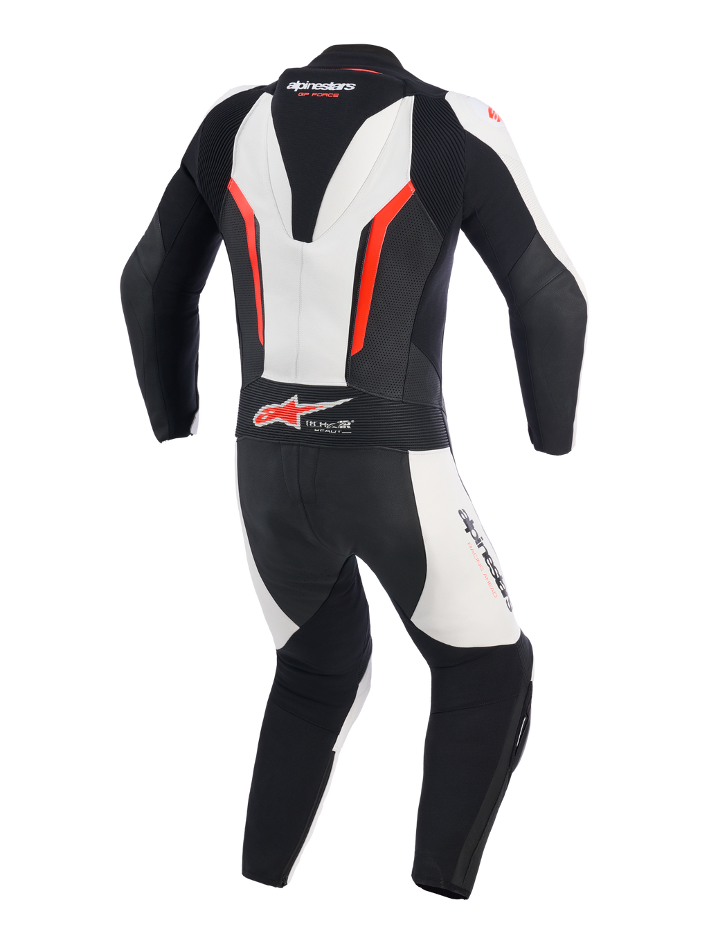 Mono de cuero Alpinestars GP Force V2 de 1 pieza, blanco, negro y rojo flúor, vista trasera que muestra la joroba aerodinámica, paneles de expansión de cuero en acordeón en hombros y zona lumbar, zonas perforadas para ventilación y logotipo Tech-Air Ready, traje de competición profesional para rendimiento en pista