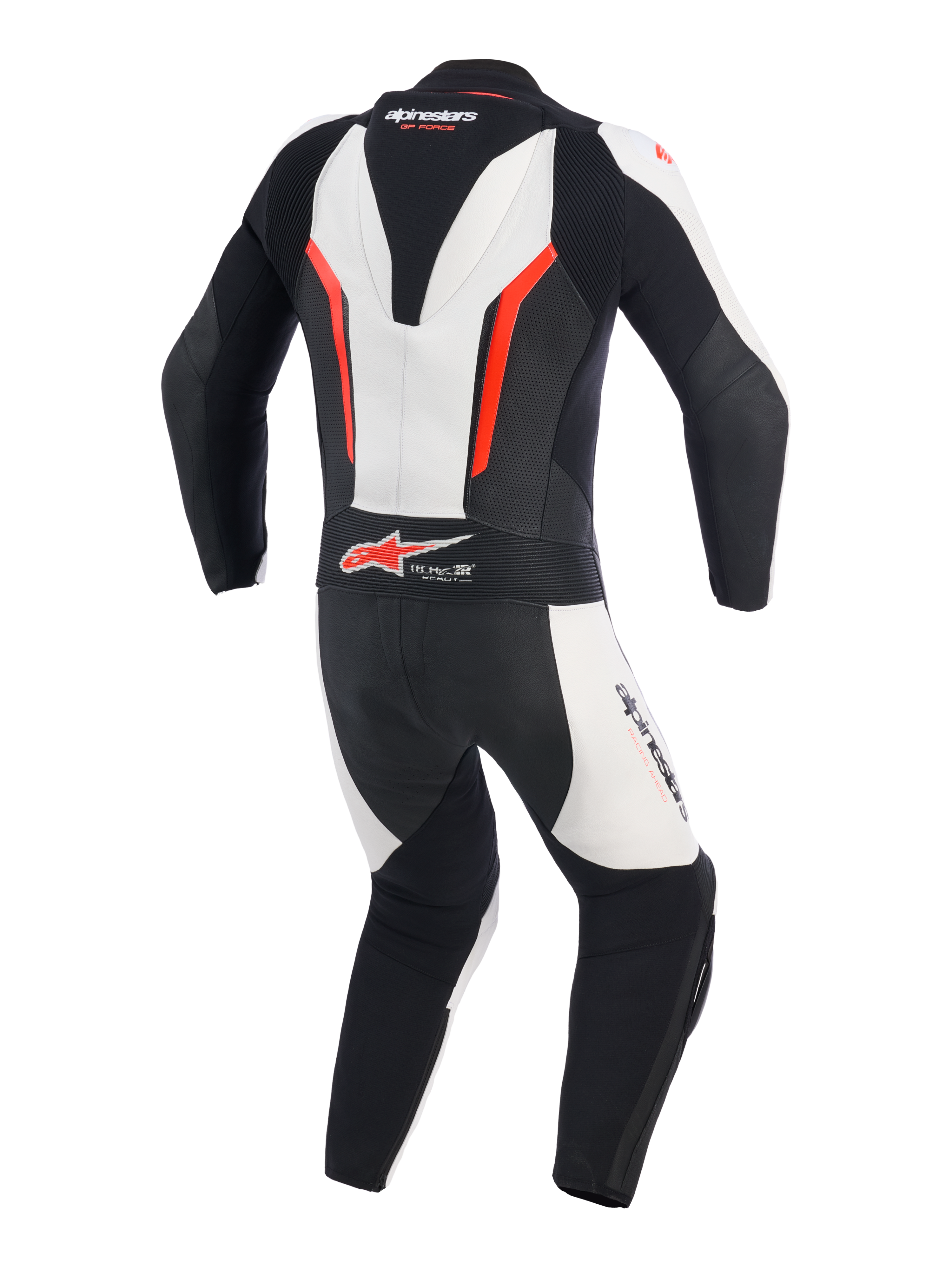 Mono de cuero Alpinestars GP Force V2 de 1 pieza, blanco, negro y rojo flúor, vista trasera que muestra la joroba aerodinámica, paneles de expansión de cuero en acordeón en hombros y zona lumbar, zonas perforadas para ventilación y logotipo Tech-Air Ready, traje de competición profesional para rendimiento en pista