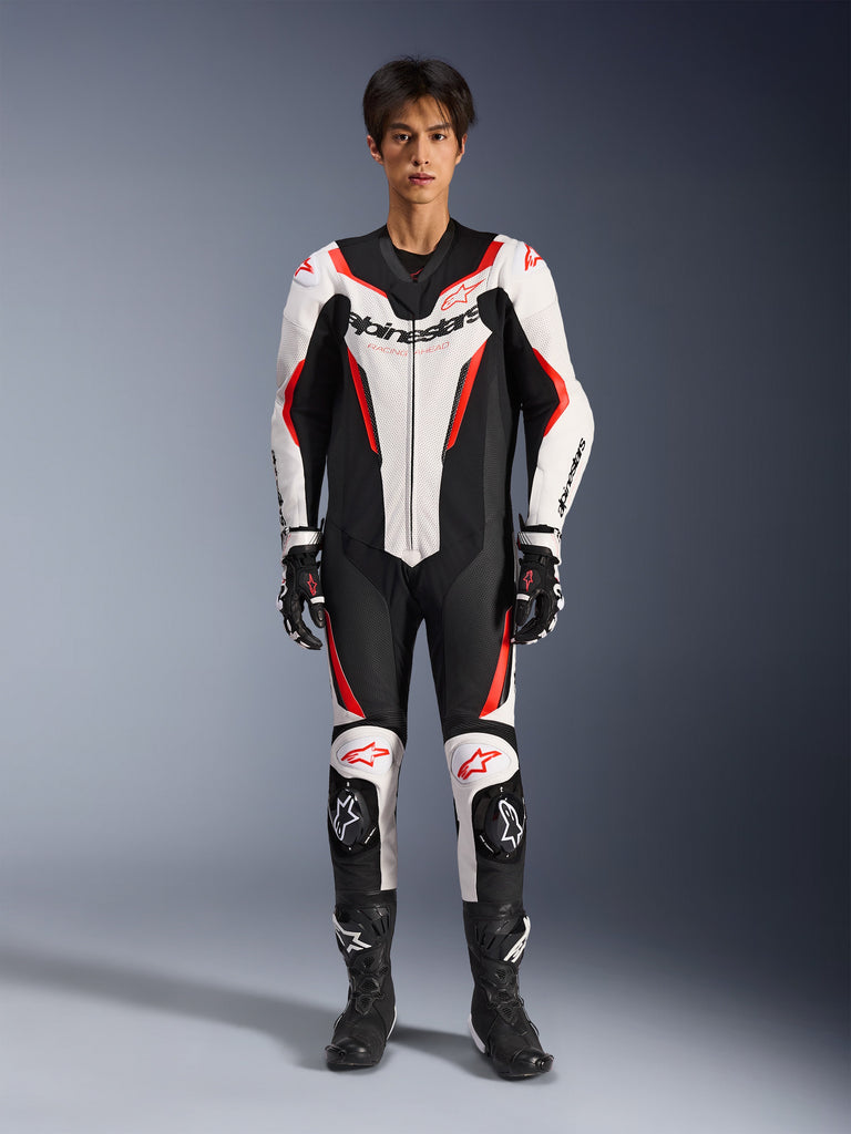 Alpinestars GP Force V2 Leather Suit, 1-Piece Motorcycle Racing Suit, Black White and Red, Full-Body Protection with Logos, CE Certified, Sleek Aerodynamic Design