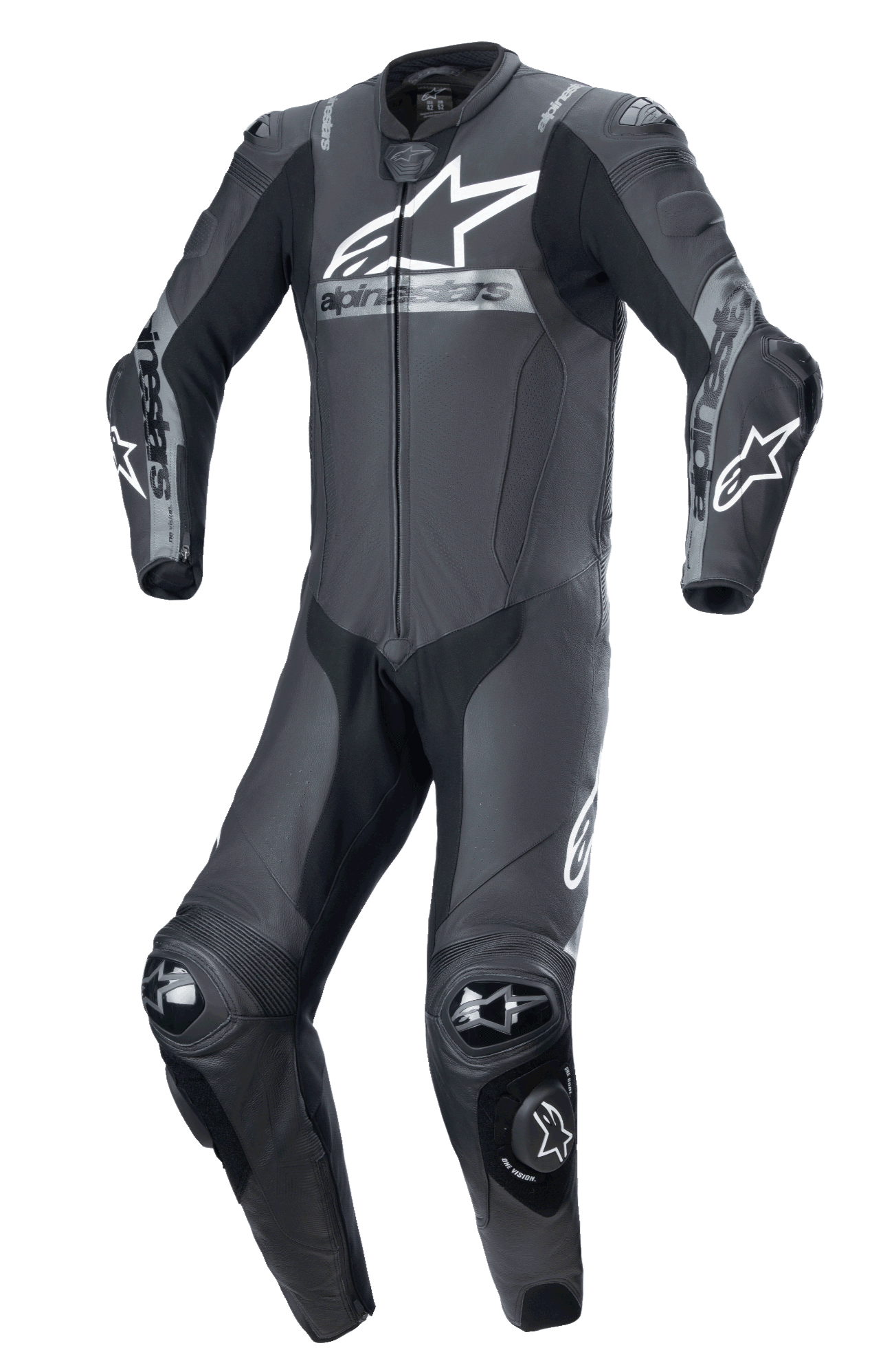 Alpinestars Missile V2 Ward, mono de cuero de una pieza, negro gris metálico, traje de competición profesional para motocicleta, diseño aerodinámico con protecciones en hombros, codos y rodillas, logotipo blanco grande de Alpinestars en el pecho, construcción de cuero de primera calidad para rendimiento en pista