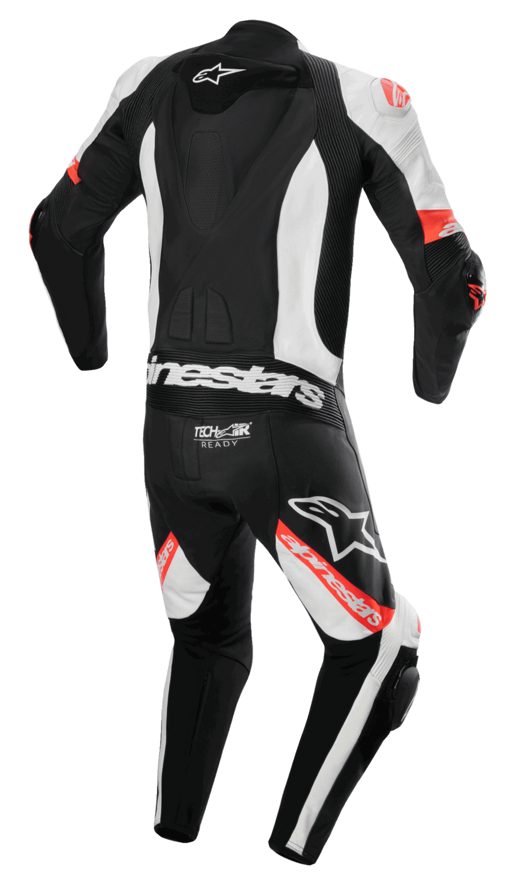 Alpinestars Missile V2 Ward 1-Piece Leather Suit, mono de moto, negro, blanco y rojo fluorescente, vista trasera con joroba aerodinámica, logotipo Tech-Air Ready en la parte inferior de la espalda, zonas elásticas de acordeón y logotipos de Alpinestars destacados en las piernas y la espalda