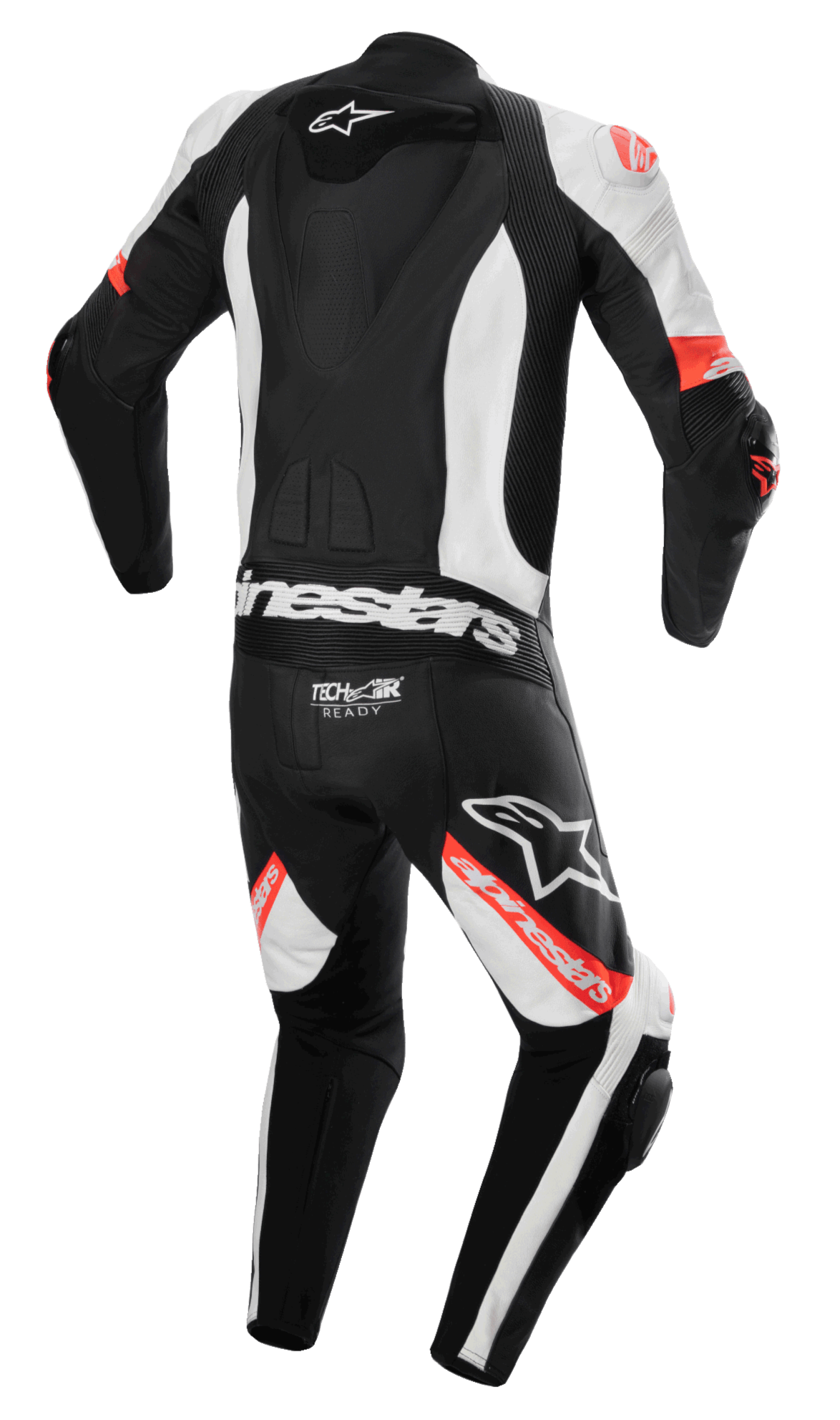 Alpinestars Missile V2 Ward 1-Piece Leather Suit, mono de moto, negro, blanco y rojo fluorescente, vista trasera con joroba aerodinámica, logotipo Tech-Air Ready en la parte inferior de la espalda, zonas elásticas de acordeón y logotipos de Alpinestars destacados en las piernas y la espalda