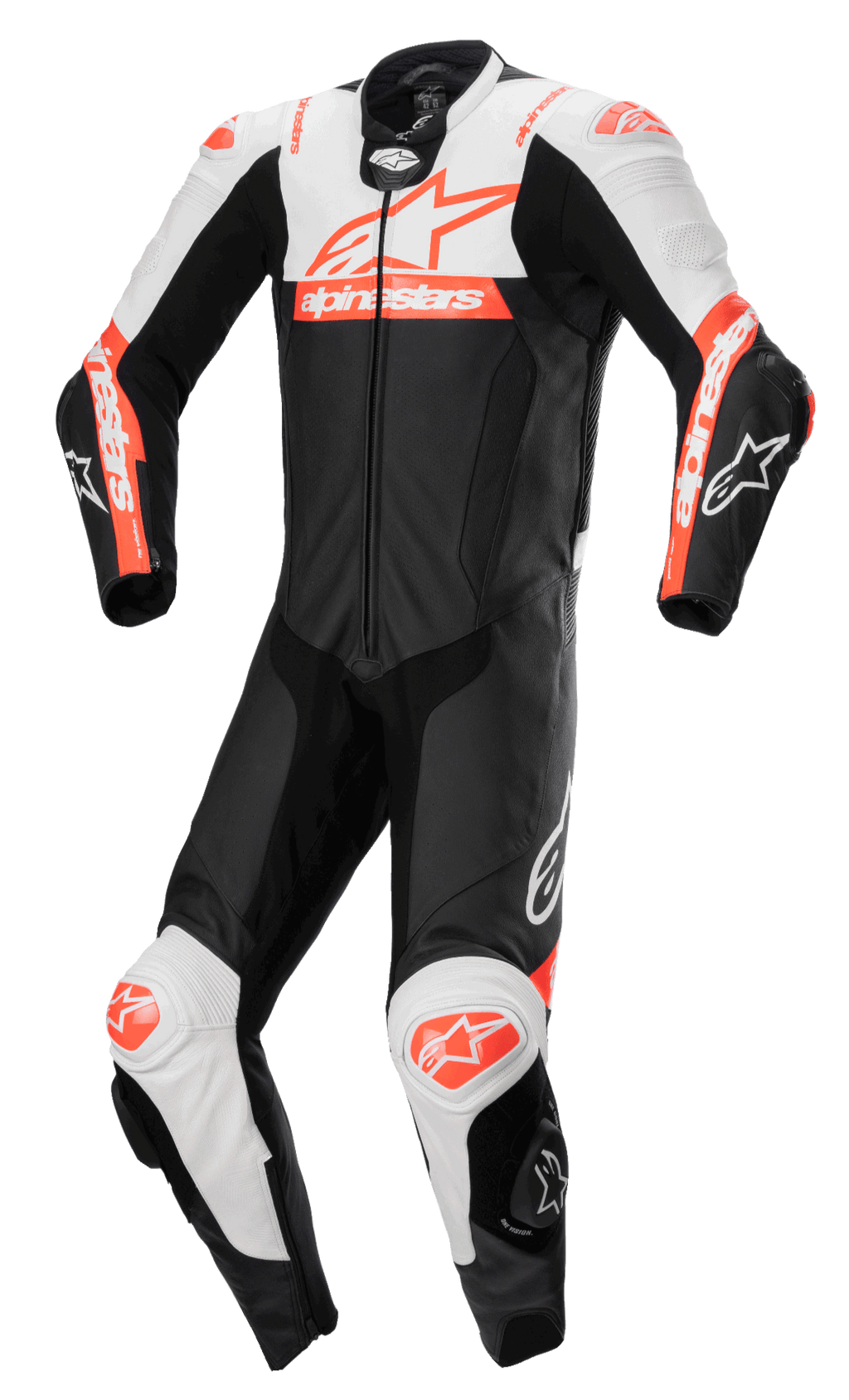 Alpinestars Missile V2 Ward, mono de cuero de una pieza para moto, negro con detalles en blanco y rojo flúor, diseño aerodinámico con cremallera frontal y deslizadores en las rodillas, confección en cuero de primera calidad