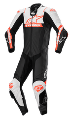 Alpinestars Missile V2 Ward, mono de cuero de una pieza para moto, negro con detalles en blanco y rojo flúor, diseño aerodinámico con cremallera frontal y deslizadores en las rodillas, confección en cuero de primera calidad