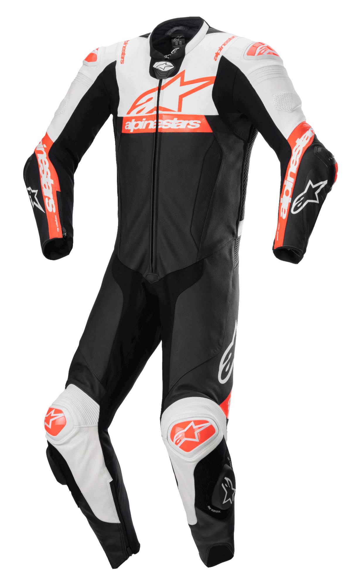 Alpinestars Missile V2 Ward, mono de cuero de una pieza para moto, negro con detalles en blanco y rojo flúor, diseño aerodinámico con cremallera frontal y deslizadores en las rodillas, confección en cuero de primera calidad