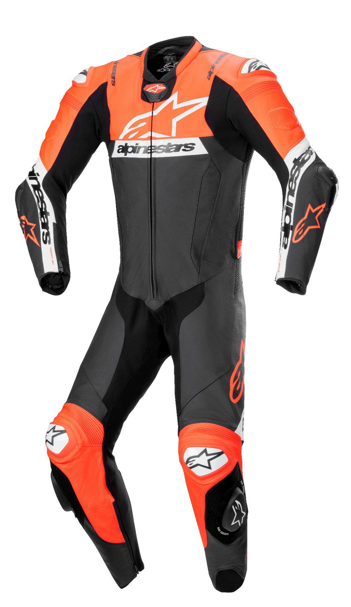 Mono de cuero Alpinestars Missile V2 Ward de una pieza, traje profesional de competición de moto en negro, rojo flúor y blanco, con un gran logotipo blanco en el pecho, paneles de cuero perforado, zonas elásticas de acordeón en las rodillas y deslizadores de protección integrados para rendimiento en pista.