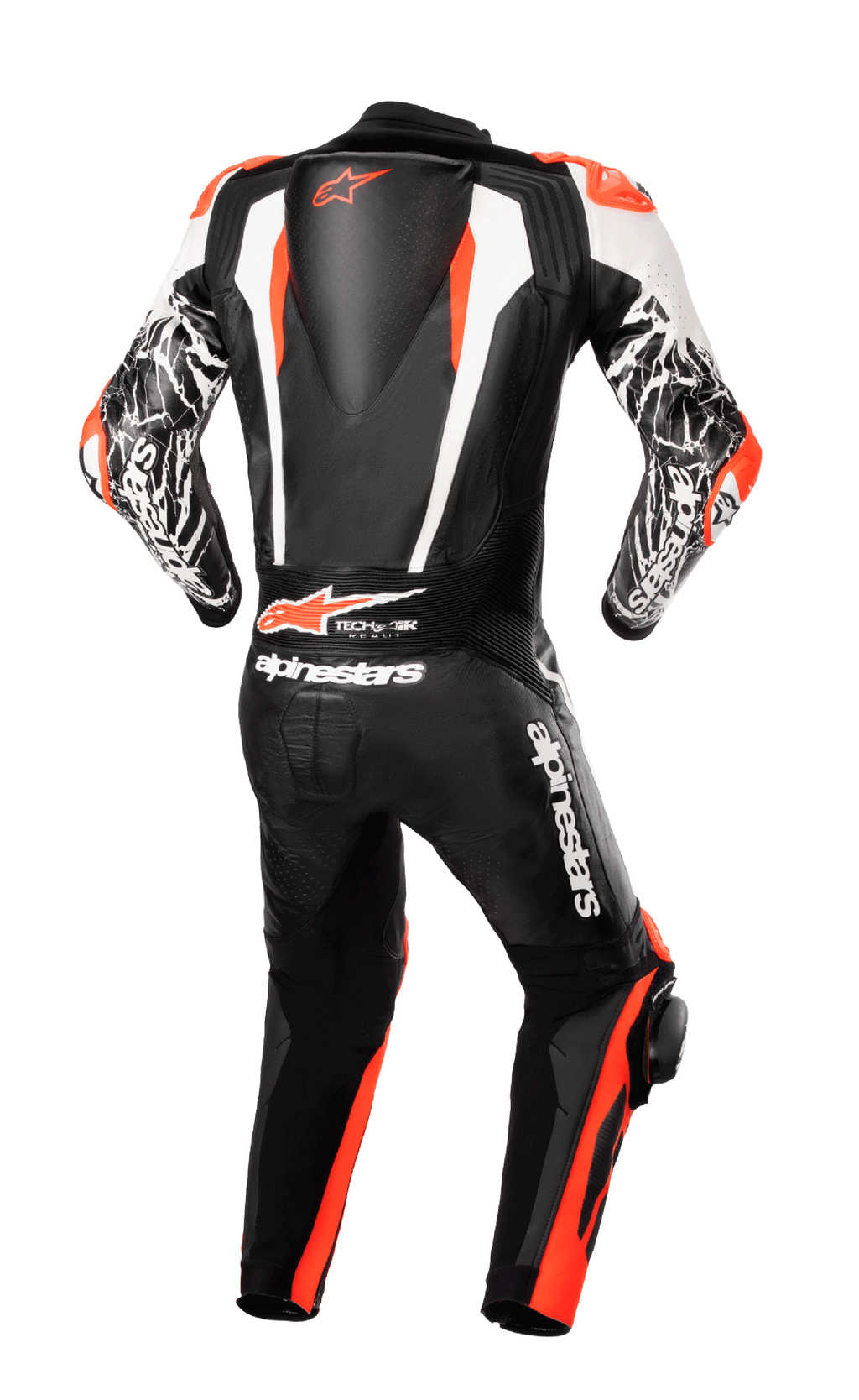 Mono de cuero de una pieza Alpinestars Racing Absolute V2, vista trasera, negro, blanco y rojo flúor, con joroba trasera aerodinámica con logotipo, marca Tech-Air Ready y detalles en los brazos con patrón de mármol blanco, equipamiento de motocicleta profesional listo para la pista
