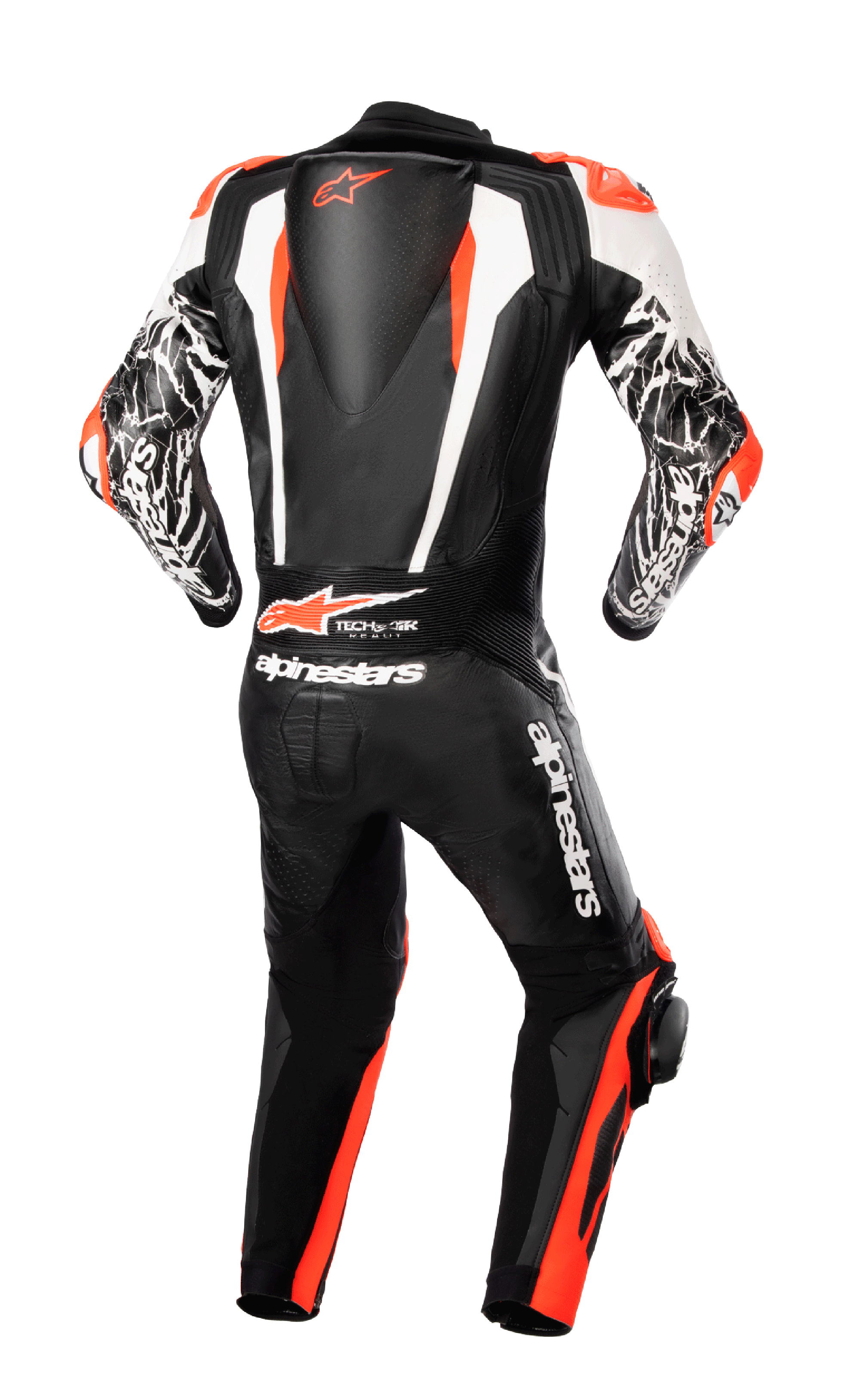 Mono de cuero de una pieza Alpinestars Racing Absolute V2, vista trasera, negro, blanco y rojo flúor, con joroba trasera aerodinámica con logotipo, marca Tech-Air Ready y detalles en los brazos con patrón de mármol blanco, equipamiento de motocicleta profesional listo para la pista