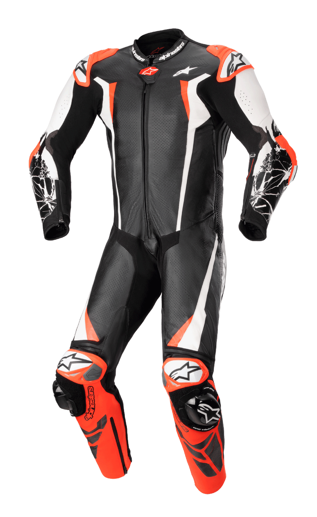 Alpinestars Racing Absolute V2, mono de cuero de una pieza para carreras de moto, negro, blanco y rojo flúor, diseño aerodinámico con cuero perforado, deslizadores externos en hombros y rodillas, construcción profesional lista para la pista