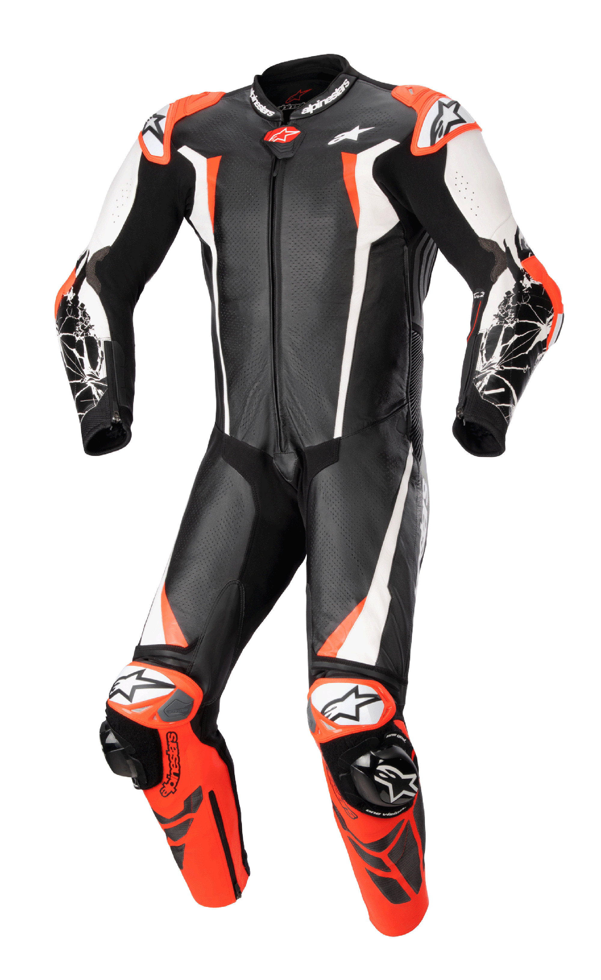Alpinestars Racing Absolute V2, mono de cuero de una pieza para carreras de moto, negro, blanco y rojo flúor, diseño aerodinámico con cuero perforado, deslizadores externos en hombros y rodillas, construcción profesional lista para la pista