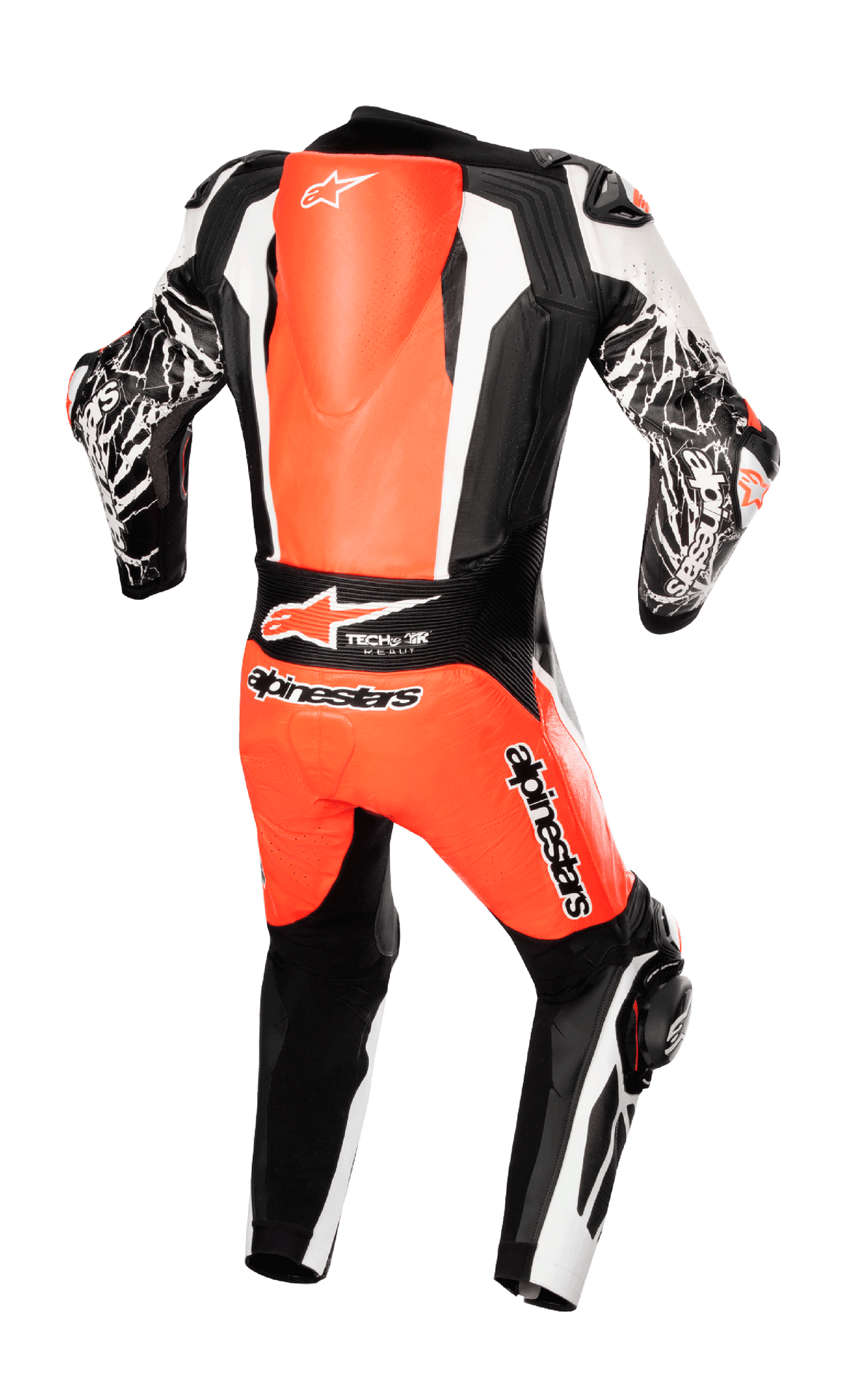 Alpinestars Racing Absolute V2 One Piece Leather Suit, vista trasera, rojo flúor, blanco y negro, con joroba trasera aerodinámica, marca Tech-Air Ready y gráficos con efecto mármol en las mangas, equipamiento profesional de carreras de motos