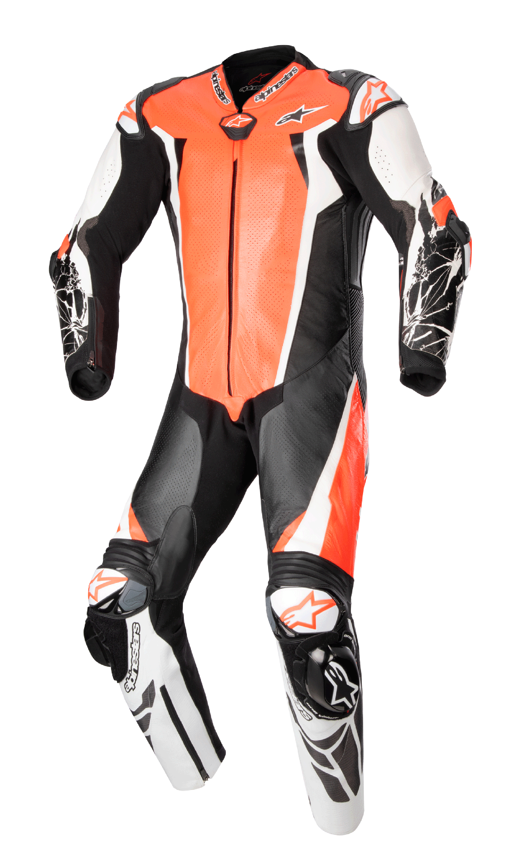 Alpinestars Racing Absolute V2, mono de cuero de una pieza para carreras de moto, rojo flúor, blanco y negro, con paneles perforados en el pecho, deslizadores DFS externos en hombros y rodillas y detalles gráficos en los antebrazos, equipamiento profesional para pista