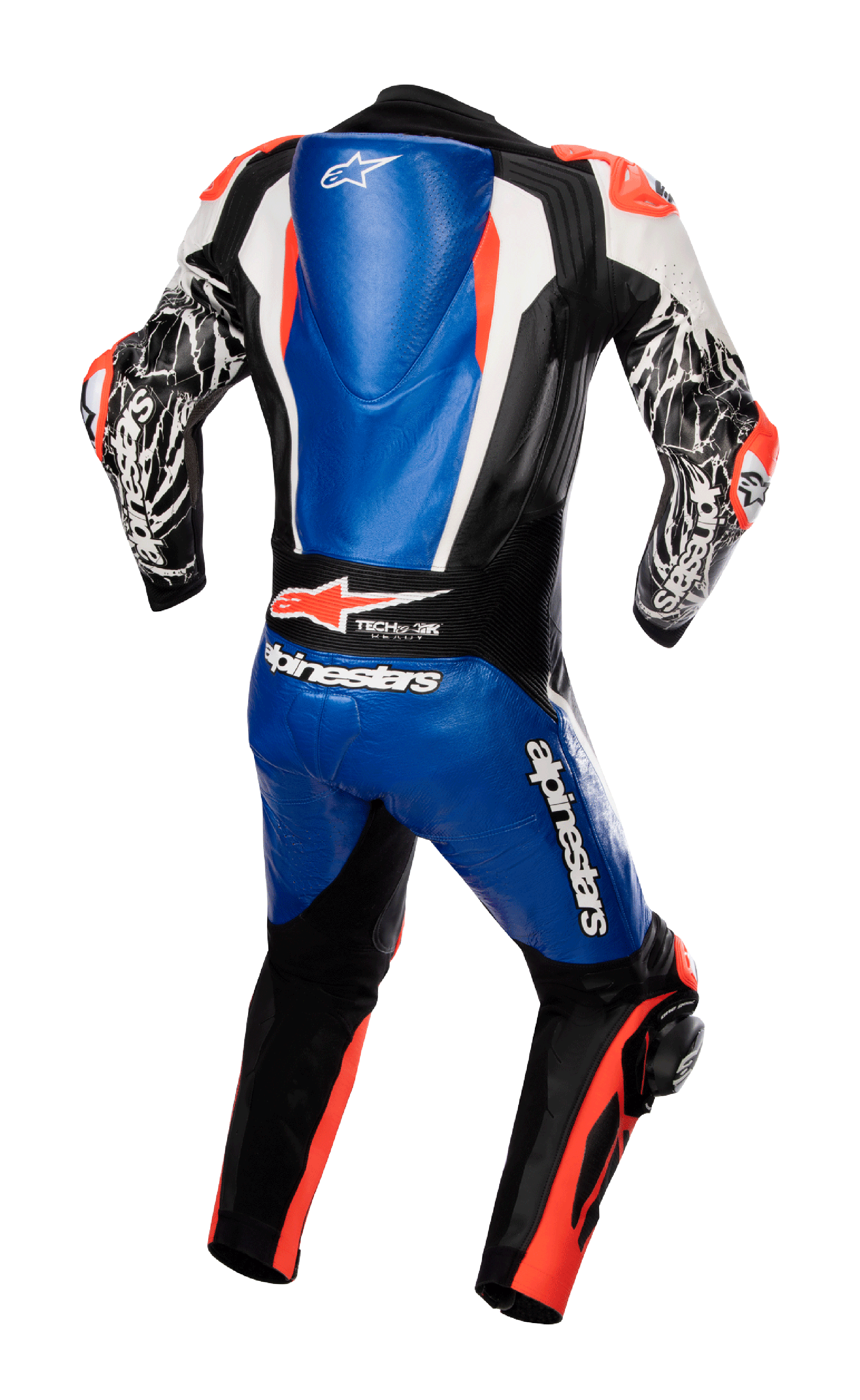 Alpinestars Racing Absolute V2 One Piece Leather Suit, Back View, Metallic Blue, Black, White, and Red Fluo, featuring an aerodynamic back hump, bold Alpinestars logos, and composite stretch panels, professional track racing gear