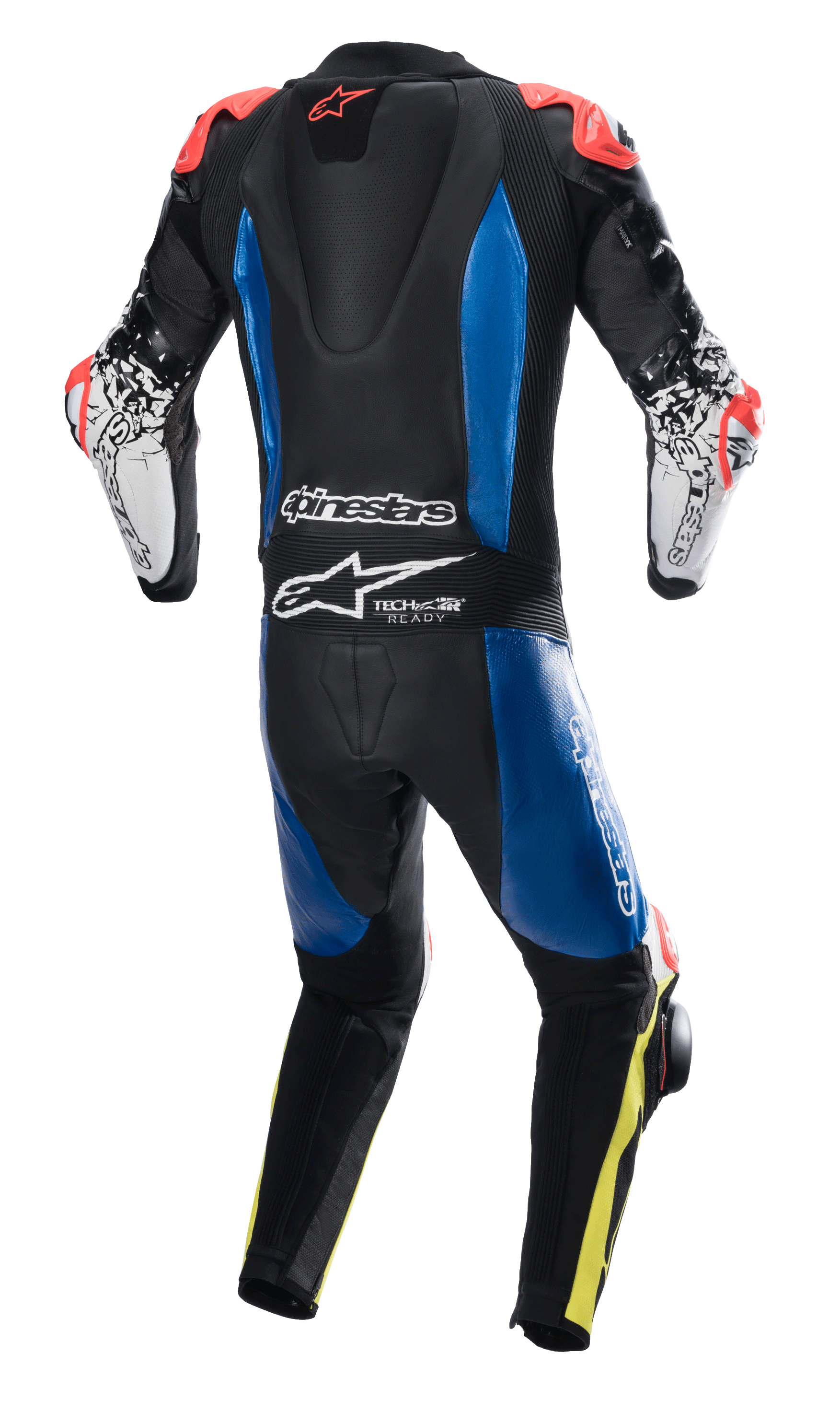 Alpinestars GP Tech V4 Leather Suit, mono de cuero de una pieza para competición, negro con paneles azules y acentos en rojo flúor, vista posterior que muestra la joroba aerodinámica y el logo Tech-Air Ready, mangas blancas con gráficos negros y detalles en amarillo flúor, equipamiento profesional para rendimiento en pista