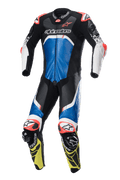Alpinestars GP Tech V4, mono de carreras de piel para moto, negro, azul y amarillo flúor con detalles blancos y rojos, diseño profesional de una pieza con paneles MATRYX y protecciones reforzadas en hombros y rodillas, confección en cuero premium para alto rendimiento