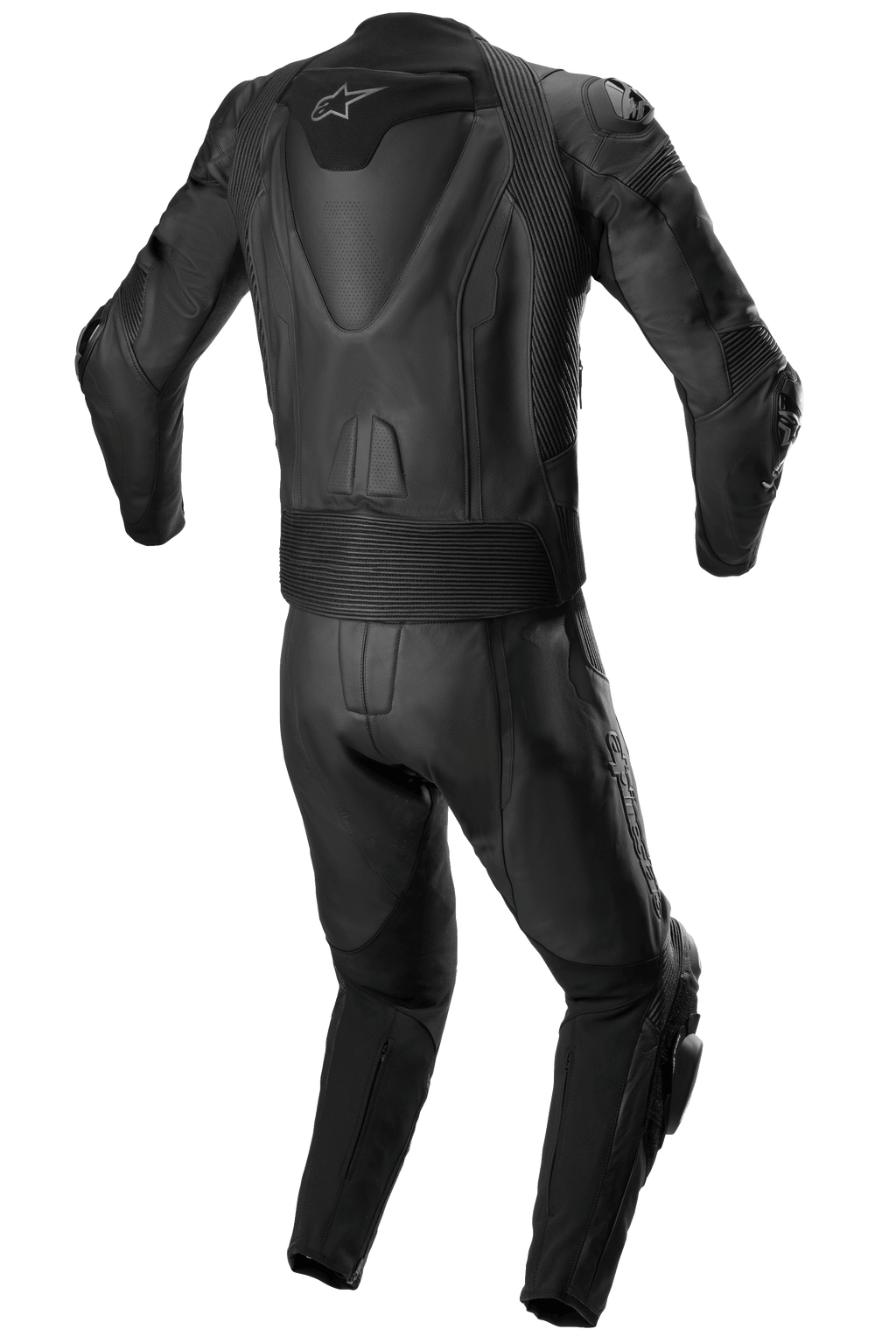 Mono de cuero de 2 piezas Alpinestars Missile V2, traje de cuero para carreras, totalmente negro, vista trasera que muestra la joroba aerodinámica con el logotipo de la estrella blanca, paneles elásticos de acordeón en la cintura y los hombros, y detalles de cuero perforado para conducción de alto rendimiento en moto