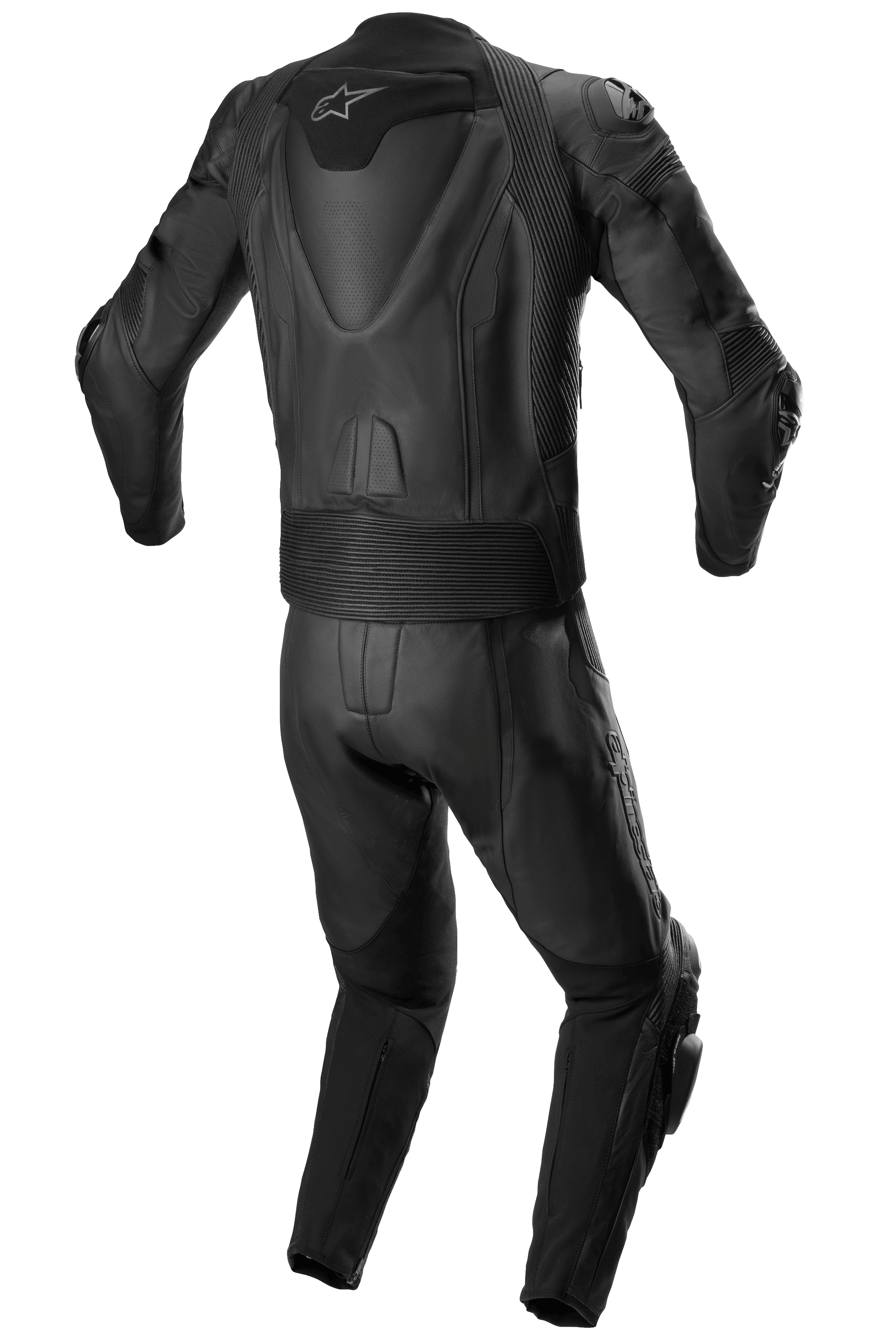 Mono de cuero de 2 piezas Alpinestars Missile V2, traje de cuero para carreras, totalmente negro, vista trasera que muestra la joroba aerodinámica con el logotipo de la estrella blanca, paneles elásticos de acordeón en la cintura y los hombros, y detalles de cuero perforado para conducción de alto rendimiento en moto
