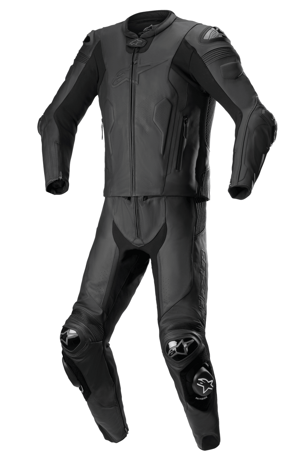 Alpinestars Missile V2 2-Piece Leather Suit, negro, mono de carreras para moto, hombros, codos y rodillas reforzados con deslizadores de protección, diseño aerodinámico con chaqueta y pantalones con cremallera, confección en cuero de primera calidad con paneles texturizados