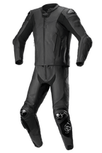 Alpinestars Missile V2 2-Piece Leather Suit, negro, mono de carreras para moto, hombros, codos y rodillas reforzados con deslizadores de protección, diseño aerodinámico con chaqueta y pantalones con cremallera, confección en cuero de primera calidad con paneles texturizados