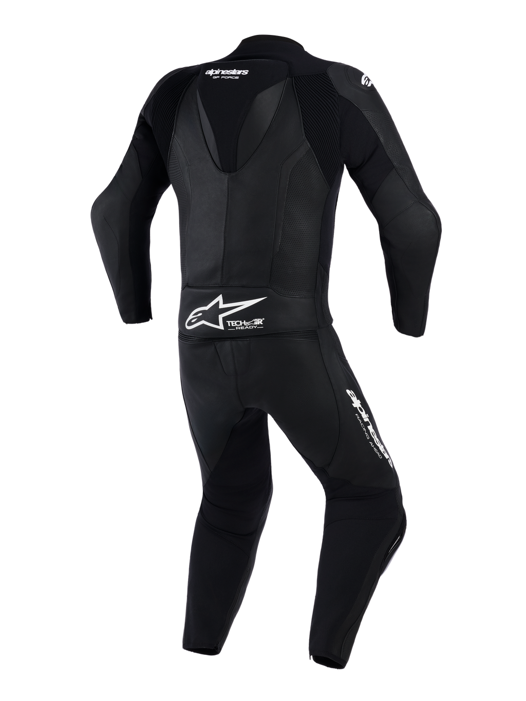 Traje de cuero de 2 piezas Alpinestars GP Force V2, mono de moto, negro, vista trasera con joroba aerodinámica y paneles de cuero perforado, logotipos de Alpinestars y Tech-Air Ready en la parte inferior de la espalda, diseñado para conducción en pista de alto rendimiento