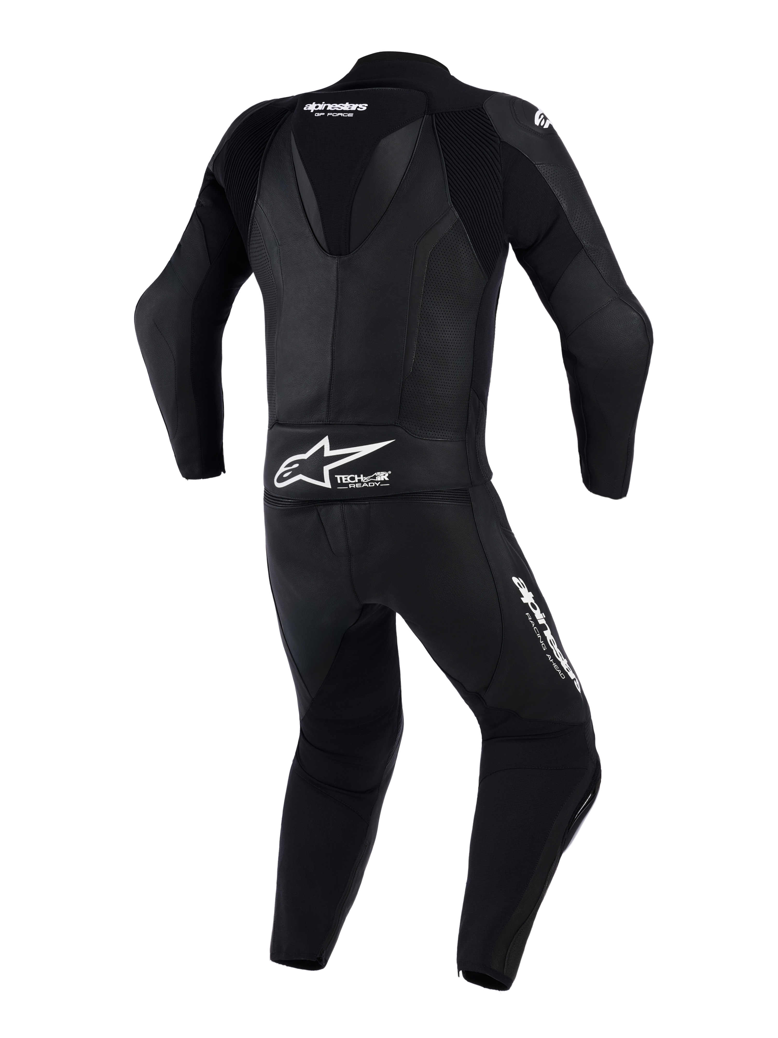 Traje de cuero de 2 piezas Alpinestars GP Force V2, mono de moto, negro, vista trasera con joroba aerodinámica y paneles de cuero perforado, logotipos de Alpinestars y Tech-Air Ready en la parte inferior de la espalda, diseñado para conducción en pista de alto rendimiento