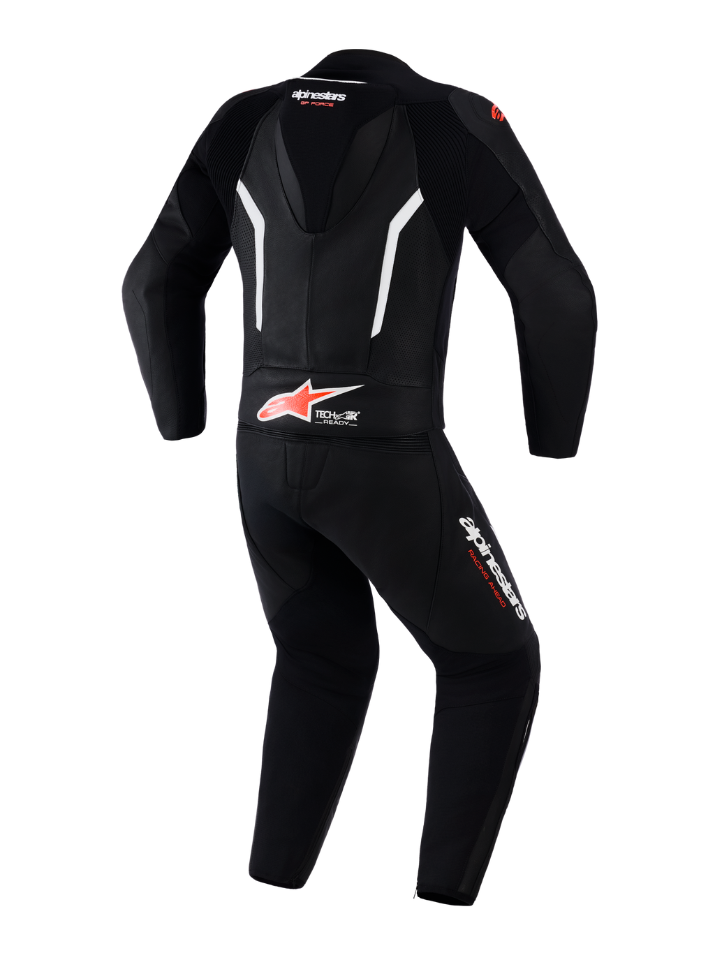 Alpinestars GP Force V2 Leather Suit 2-Piece, traje de carreras de motociclismo, negro, blanco y rojo flúor, vista posterior que muestra la joroba aerodinámica, logotipo Tech-Air Ready en la parte baja de la espalda, paneles de cuero perforado para ventilación y logotipos de Alpinestars en las piernas y el cuello.