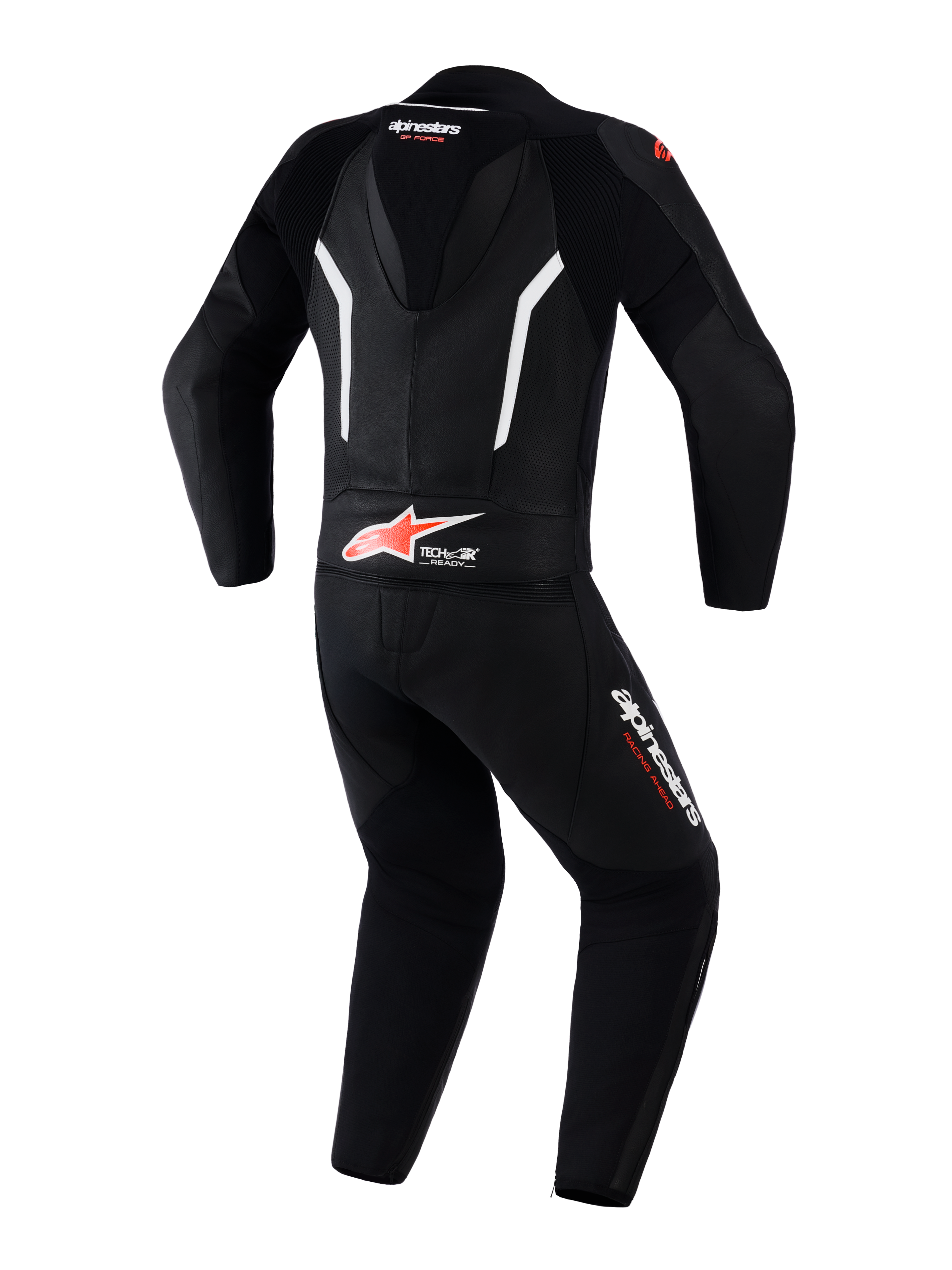 Alpinestars GP Force V2 Leather Suit 2-Piece, traje de carreras de motociclismo, negro, blanco y rojo flúor, vista posterior que muestra la joroba aerodinámica, logotipo Tech-Air Ready en la parte baja de la espalda, paneles de cuero perforado para ventilación y logotipos de Alpinestars en las piernas y el cuello.