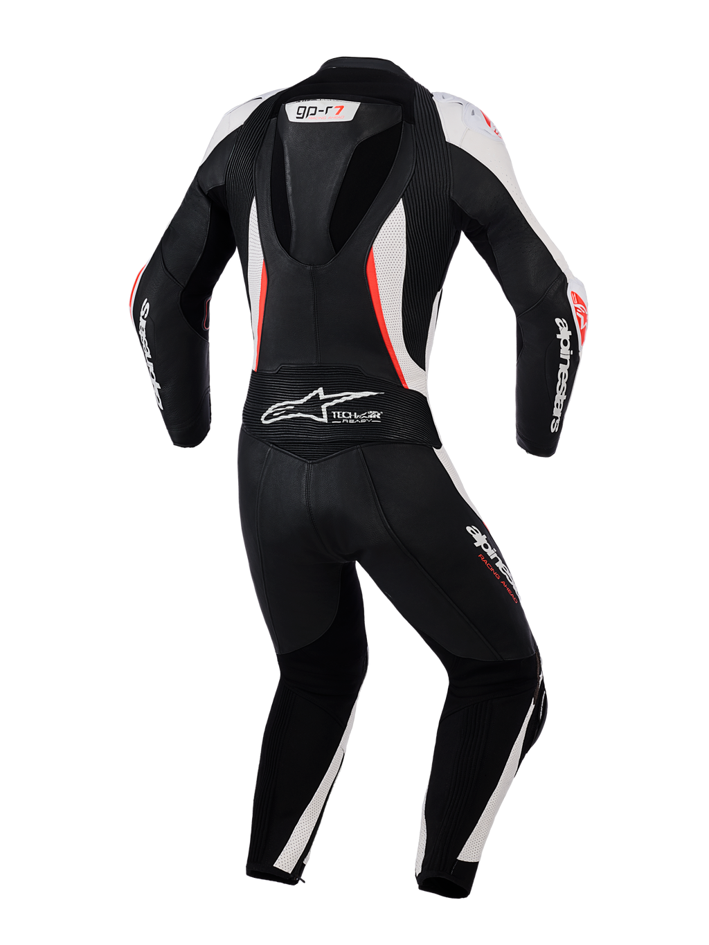 Traje de cuero Alpinestars Stella GP-R7 de 2 piezas para mujer, vista trasera, negro, blanco y rojo flúor, con joroba aerodinámica, paneles de acordeón y cuero perforado para un rendimiento de competición profesional.