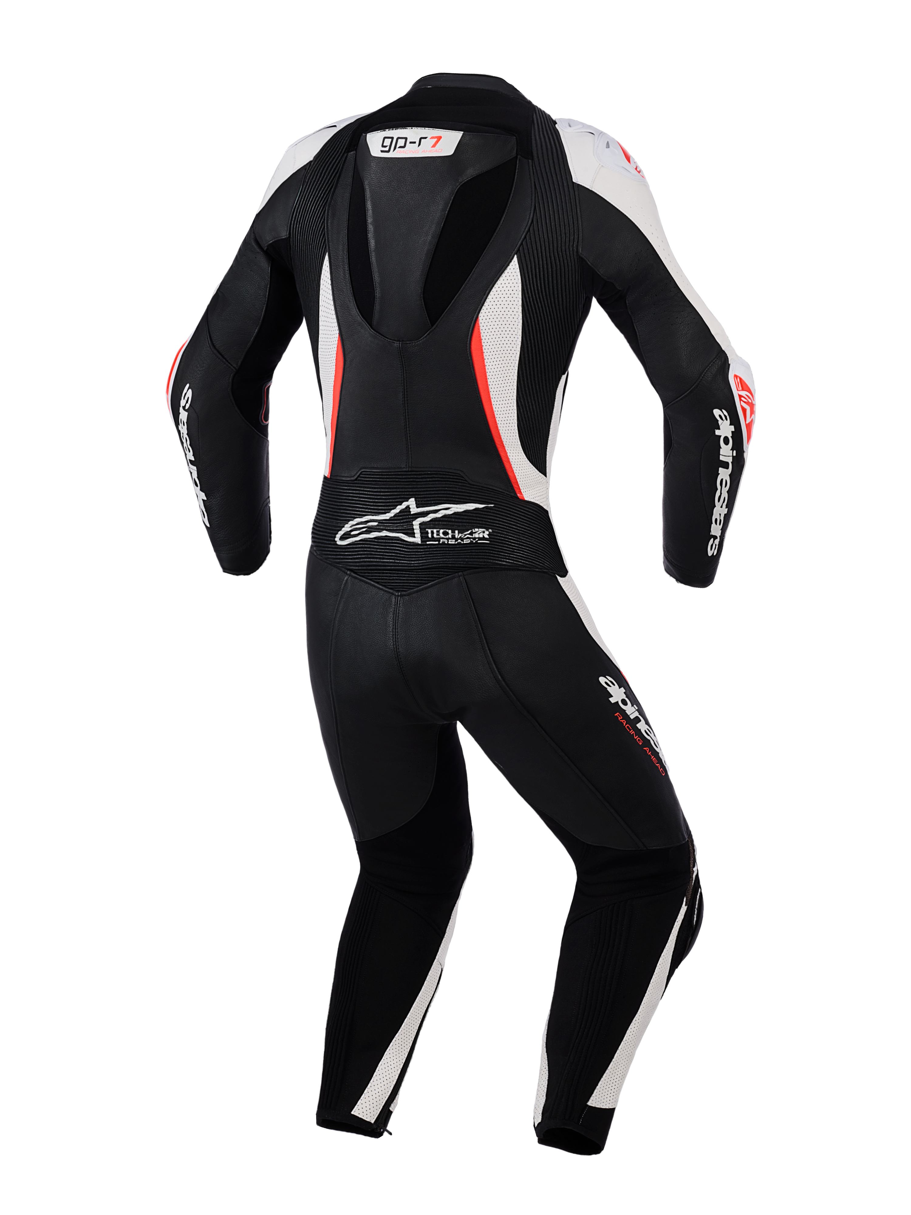 Traje de cuero Alpinestars Stella GP-R7 de 2 piezas para mujer, vista trasera, negro, blanco y rojo flúor, con joroba aerodinámica, paneles de acordeón y cuero perforado para un rendimiento de competición profesional.