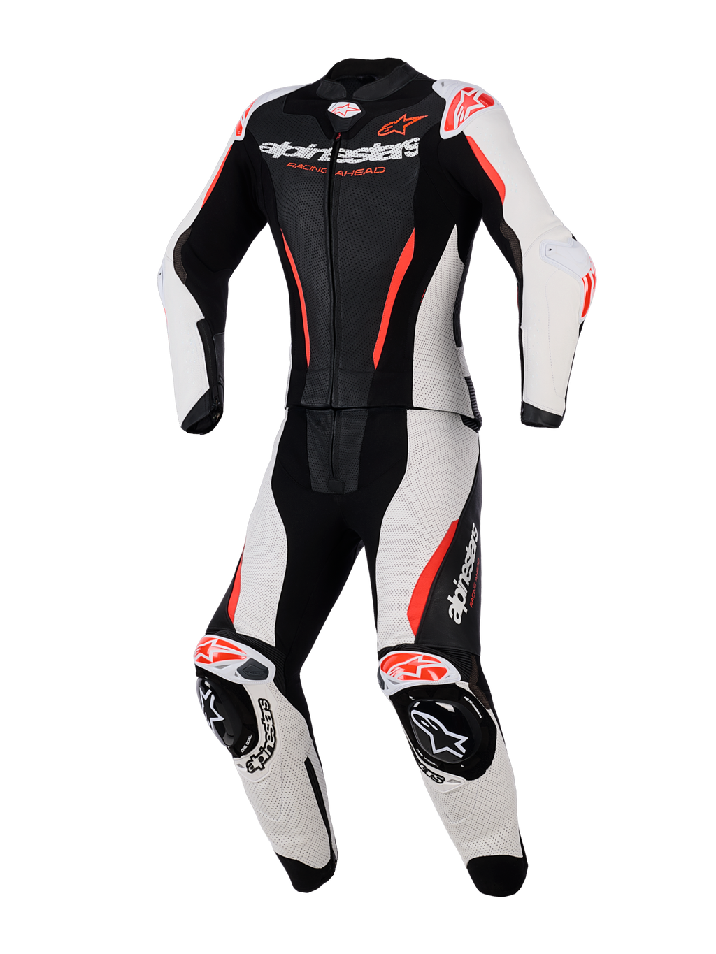 Traje de cuero de 2 piezas Alpinestars Stella GP-R7 para mujer, mono de carreras de moto para mujer, negro, blanco y rojo flúor, con paneles de cuero perforado, protecciones integradas en hombros y rodillas, diseño aerodinámico y logotipos llamativos en el pecho y las piernas