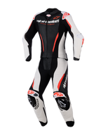 Traje de cuero de 2 piezas Alpinestars Stella GP-R7 para mujer, mono de carreras de moto para mujer, negro, blanco y rojo flúor, con paneles de cuero perforado, protecciones integradas en hombros y rodillas, diseño aerodinámico y logotipos llamativos en el pecho y las piernas
