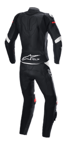 Alpinestars Stella GP Plus 2-Piece Leather Suit, Black White and Bright Red, Rear View, featuring Tech-Air Ready branding and Alpinestars logo on the lower back, ergonomic protective suit with stretch panels for motorcycle racing.