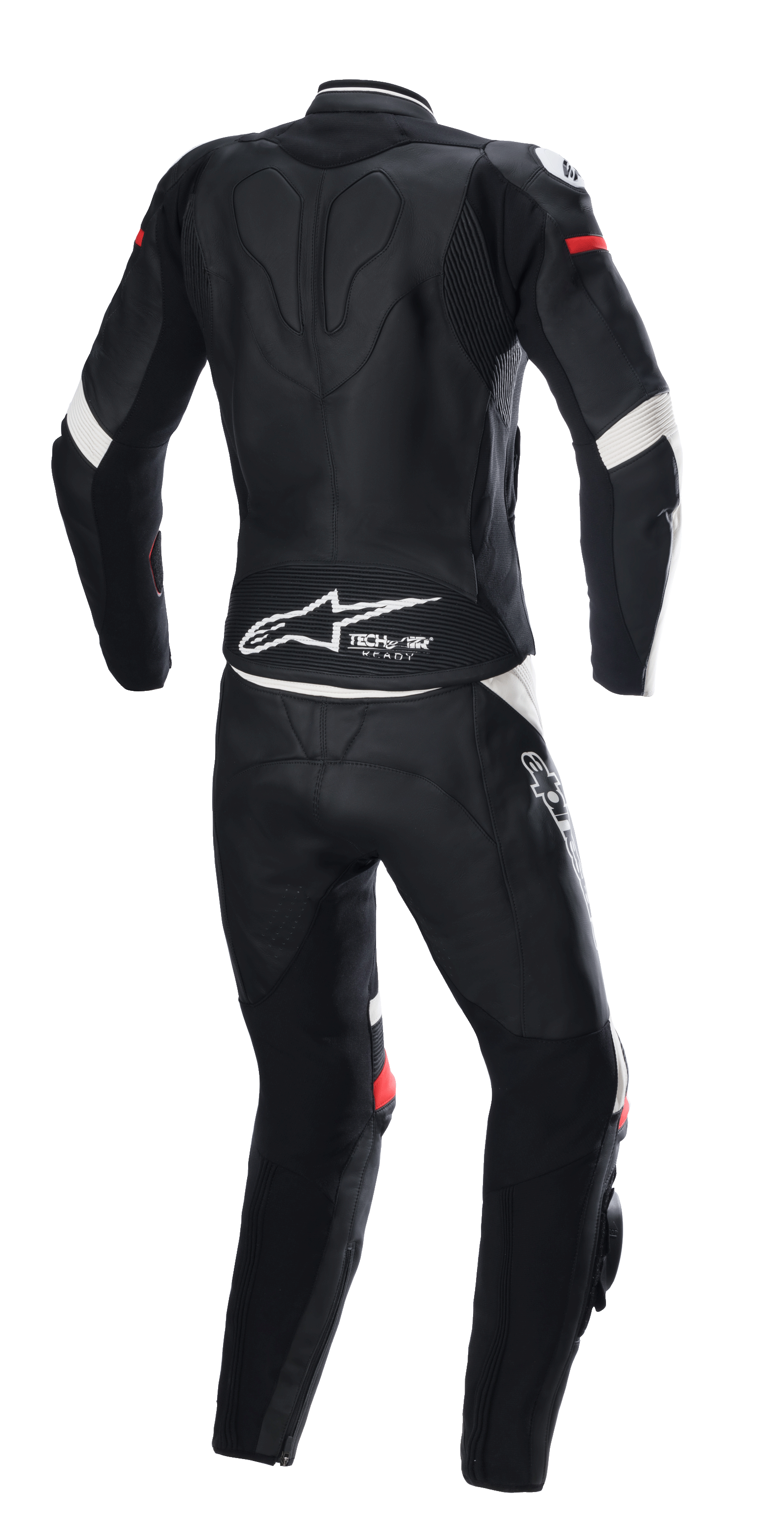 Alpinestars Stella GP Plus 2-Piece Leather Suit, Black White and Bright Red, Rear View, featuring Tech-Air Ready branding and Alpinestars logo on the lower back, ergonomic protective suit with stretch panels for motorcycle racing.
