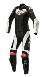 Alpinestars Stella GP Plus 2-Piece Leather Suit, Women's Motorcycle Racing Suit, Black with White and Bright Red accents, two-piece leather construction with aerodynamic profile, featuring DFS Lite shoulder armor, knee sliders, and stretch panels for a dedicated women's fit.