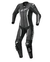Alpinestars Women Stella Missile V2 1-Piece Suit, racing leather motorcycle suit, Black and White, featuring DFS sliders on shoulders and knees, accordion stretch panels for mobility, and bold white branding, professional track and sport riding gear.