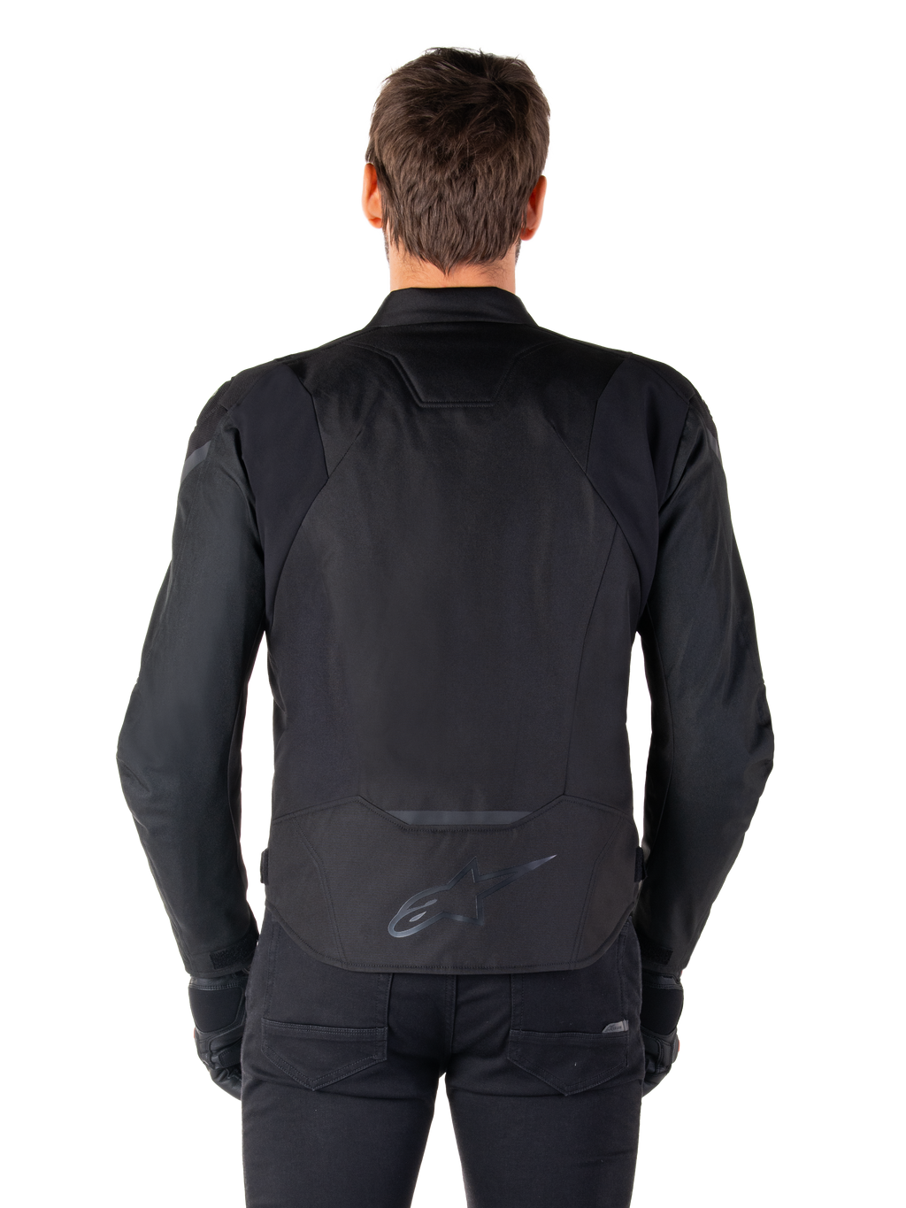 Alpinestars T-Jaws V4 Waterproof Jacket, Textile Motorcycle Jacket, Black Black, Rear view showing Alpinestars logo on the lower back, sporty fit for road riding