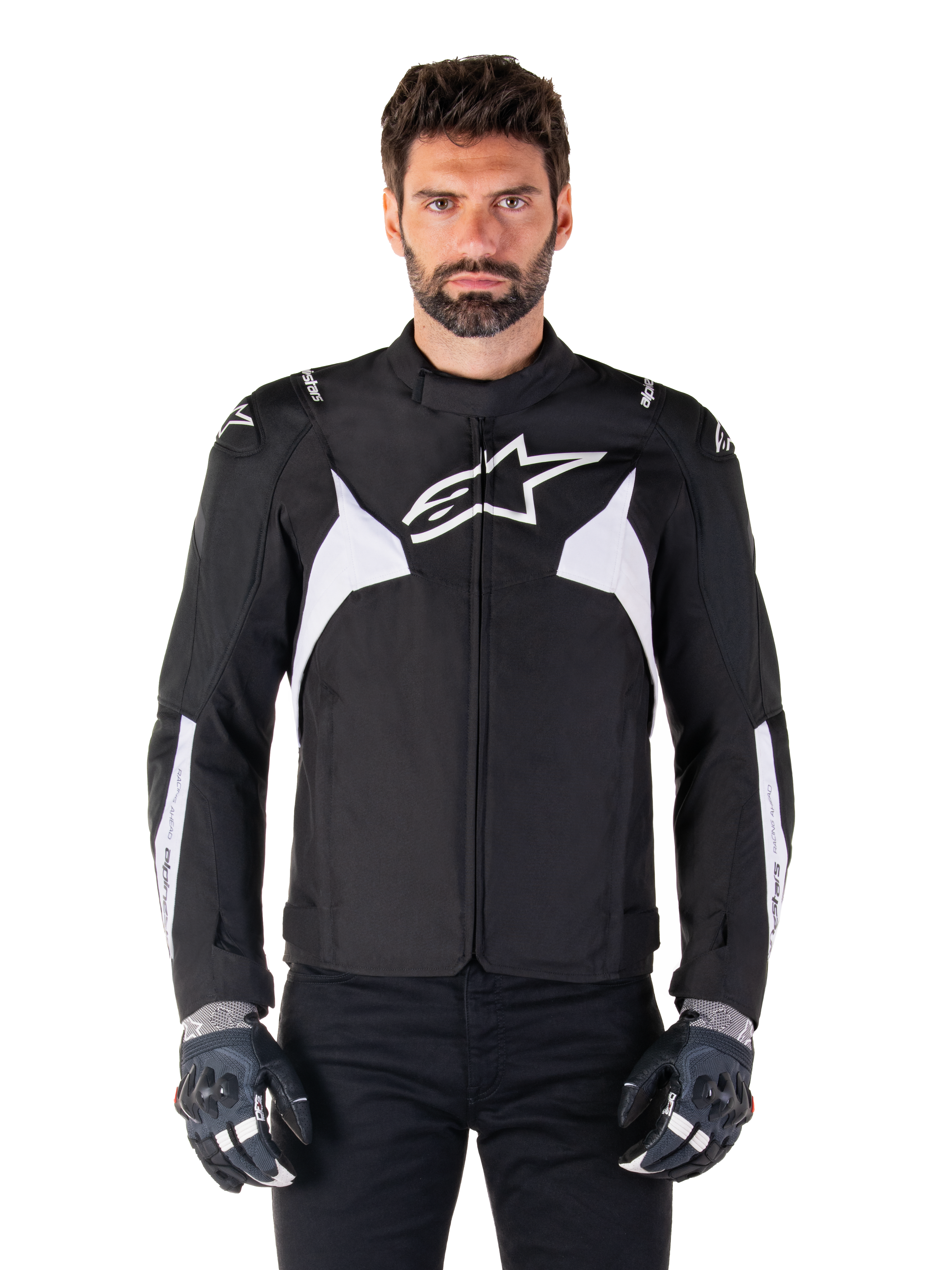 Alpinestars T-Jaws V4 Waterproof Jacket, chaqueta de moto deportiva de textil para hombre, negra y blanca, con logo de estrella blanco en el pecho, detalles blancos en los hombros y franjas en los antebrazos, cuello alto y ajuste atlético para carretera