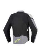Alpinestars T-Jaws V4 Waterproof Jacket, Rear View, Black Ice Gray and Dark Gray, textile motorcycle jacket with fluorescent yellow accents and logo on lower back, sport fit with extended rear profile