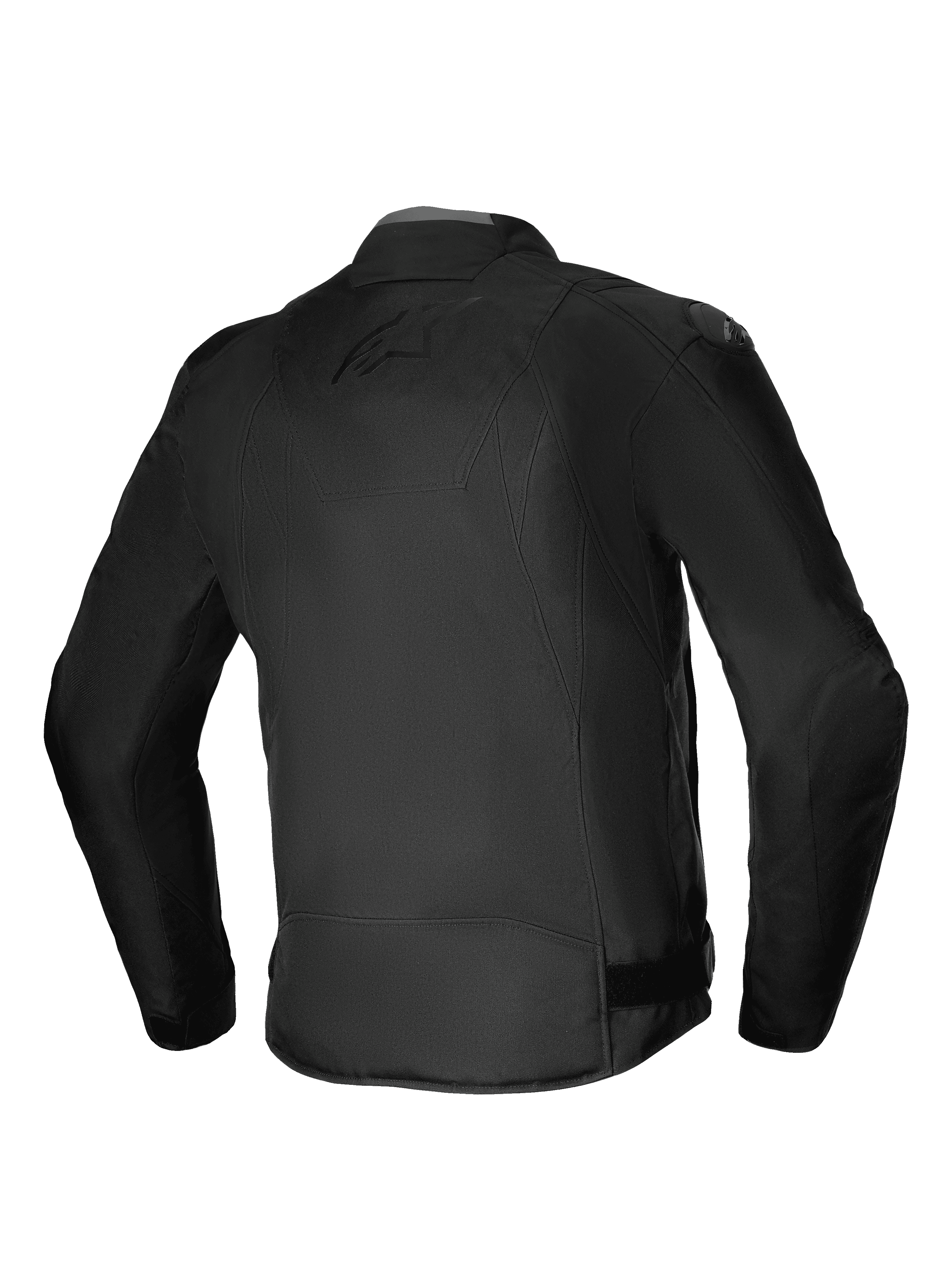 Chaqueta impermeable Alpinestars T-SP 1 V2, chaqueta de moto textil, negro, vista trasera que muestra la silueta deportiva 3D, deslizadores de hombro DFS Lite y marca tonal sutil en la espalda, equipamiento de conducción duradero para todo tipo de clima