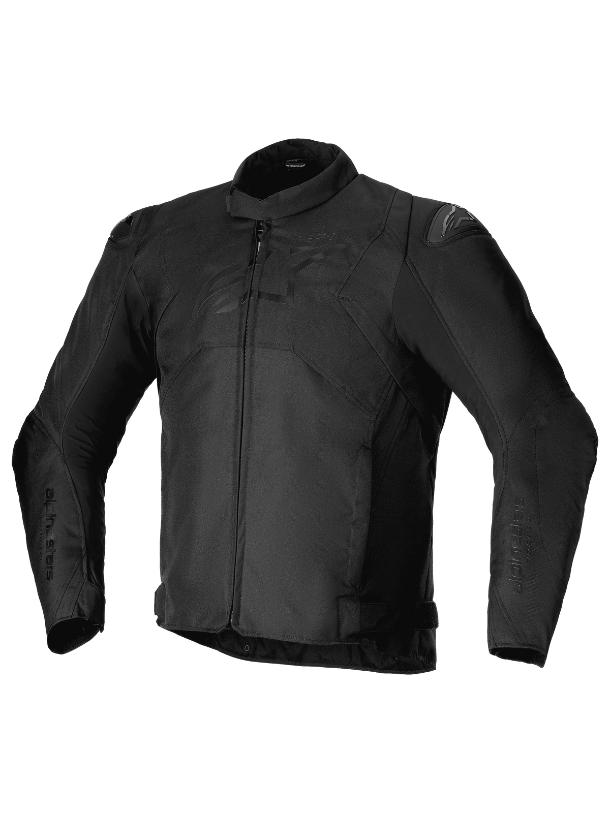 Alpinestars T-SP 1 V2 Waterproof Jacket, chaqueta textil deportiva para moto, negra, con cuello de perfil bajo, mangas largas precurvadas, cierre frontal de cremallera, deslizadores de hombro DFS Lite y logotipo tonal de Alpinestars en el pecho
