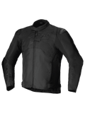 Alpinestars T-SP 1 V2 Waterproof Jacket, chaqueta textil deportiva para moto, negra, con cuello de perfil bajo, mangas largas precurvadas, cierre frontal de cremallera, deslizadores de hombro DFS Lite y logotipo tonal de Alpinestars en el pecho