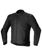 Alpinestars T-SP 1 V2 Waterproof Jacket, chaqueta textil deportiva para moto, negra, con cuello de perfil bajo, mangas largas precurvadas, cierre frontal de cremallera, deslizadores de hombro DFS Lite y logotipo tonal de Alpinestars en el pecho