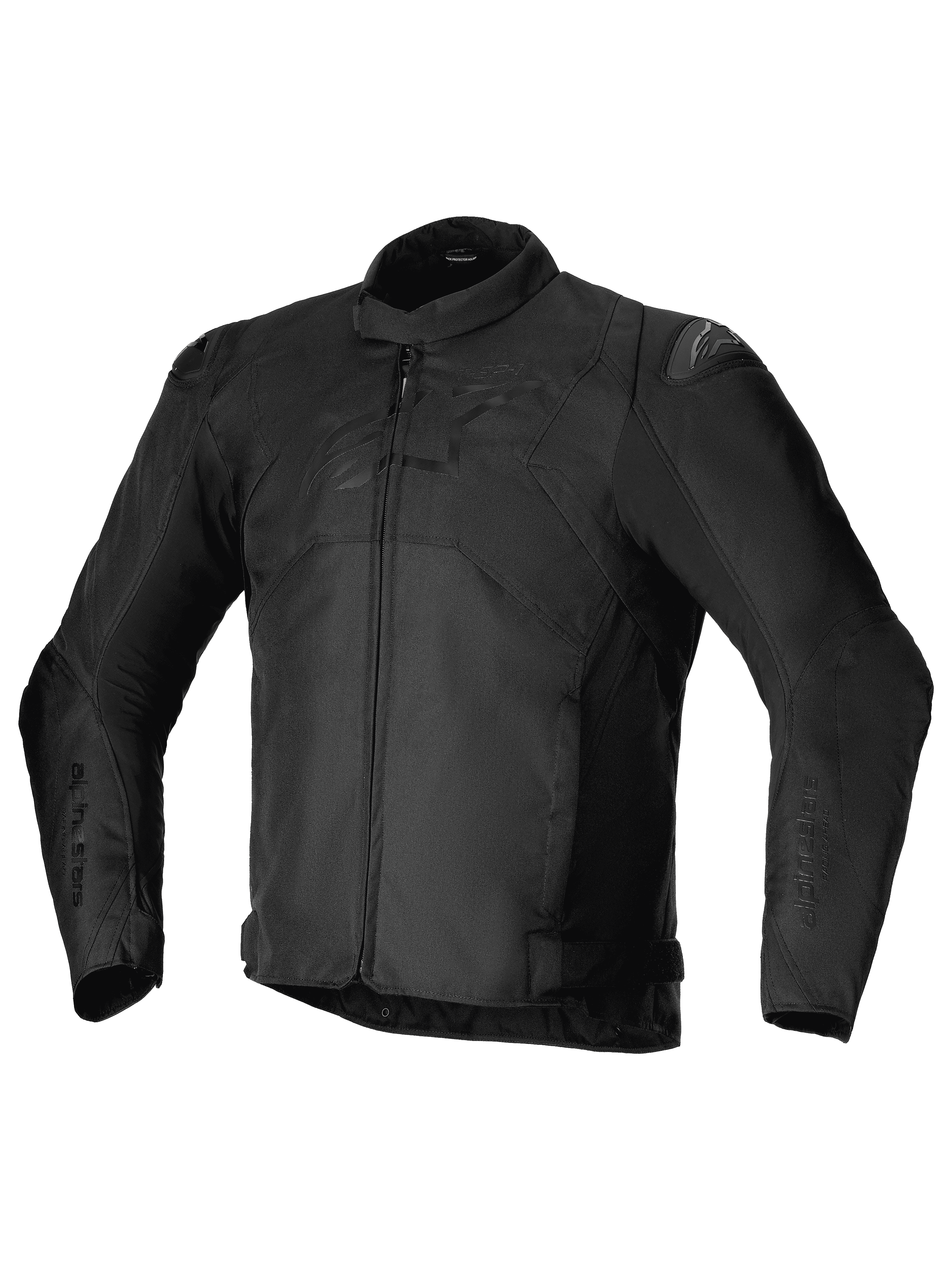 Alpinestars T-SP 1 V2 Waterproof Jacket, chaqueta textil deportiva para moto, negra, con cuello de perfil bajo, mangas largas precurvadas, cierre frontal de cremallera, deslizadores de hombro DFS Lite y logotipo tonal de Alpinestars en el pecho