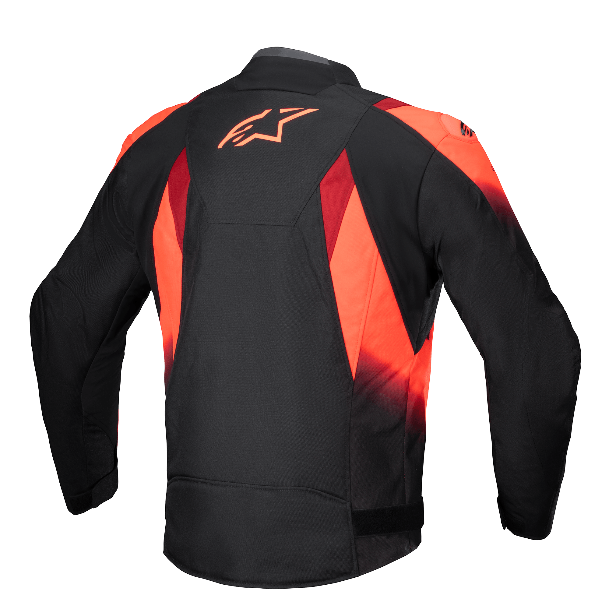 Alpinestars T-SP 1 V2 Waterproof Jacket, vista trasera, negro y rojo flúor, chaqueta textil para moto con un llamativo logotipo de Astars en la parte superior de la espalda, gráficos sublimados y silueta de corte deportivo