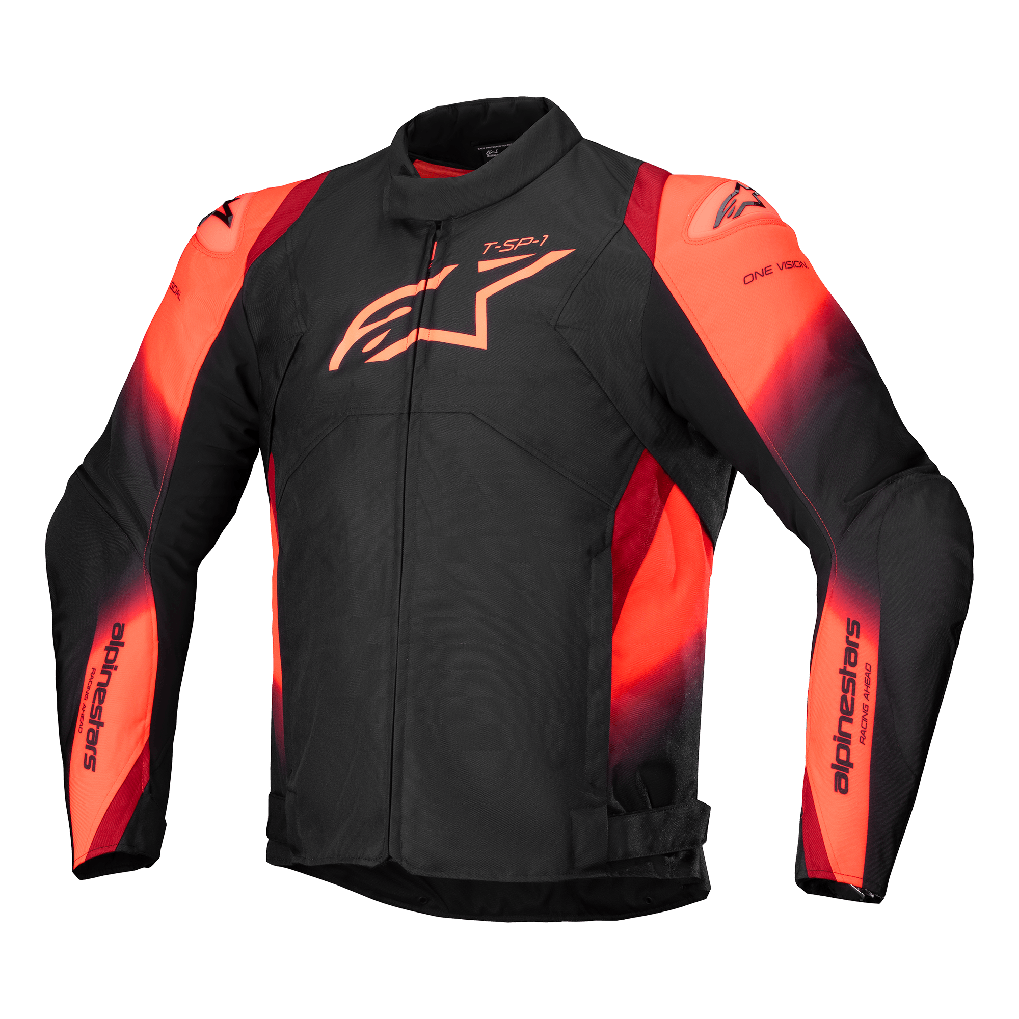 Alpinestars T-SP 1 V2 Waterproof Jacket, chaqueta de moto, negra y rojo flúor, con cuello alto y mangas largas, logotipo de Alpinestars destacado en el pecho y marca en las mangas, diseño textil deportivo con detalles en rojo anaranjado vibrante, construcción impermeable con deslizadores en los hombros