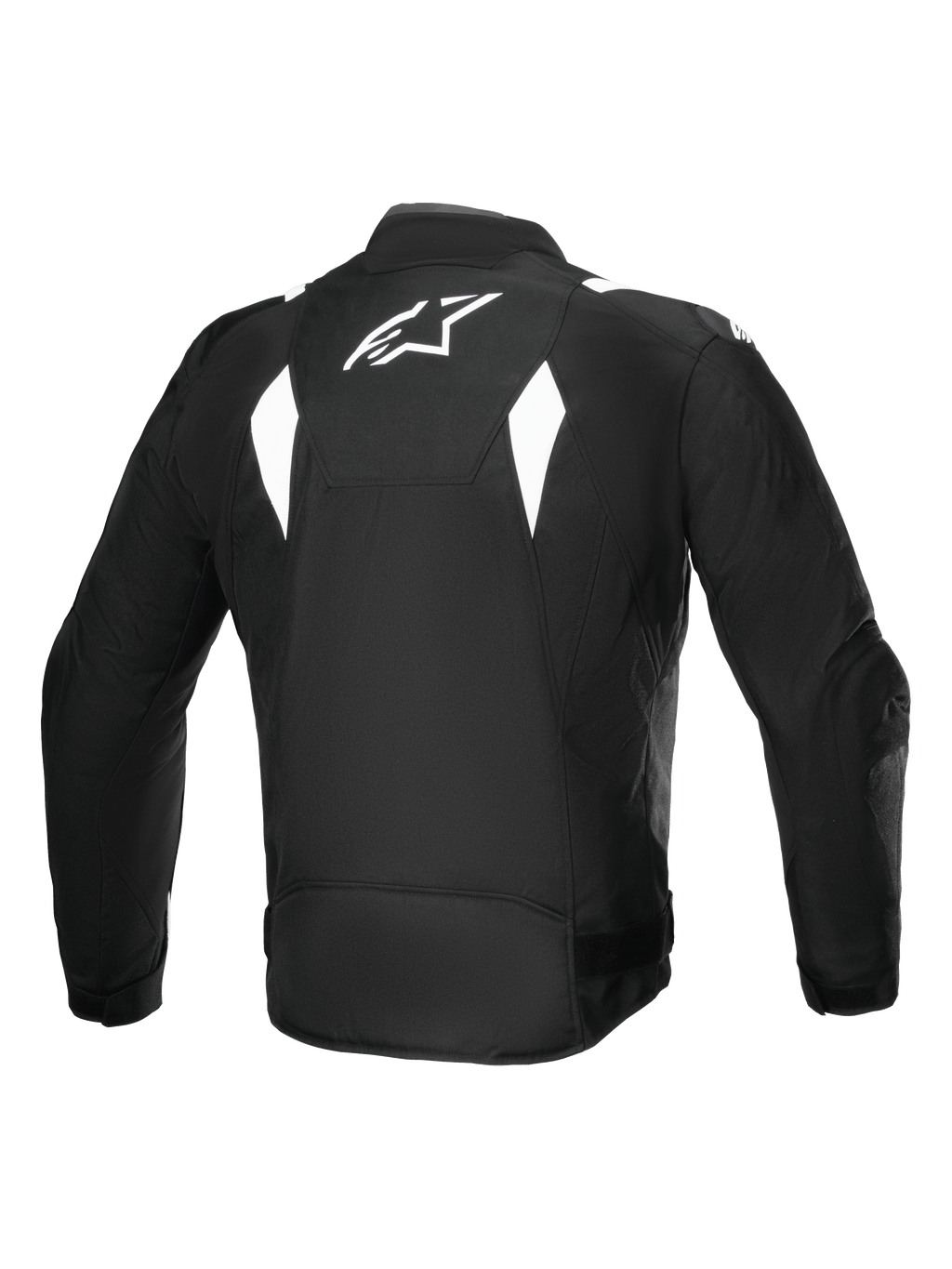 Chaqueta impermeable Alpinestars T-SP 1 V2, vista trasera, negro y blanco, logo Alpinestars blanco en la parte superior de la espalda, chaqueta de moto textil con detalles angulares blancos, silueta deportiva