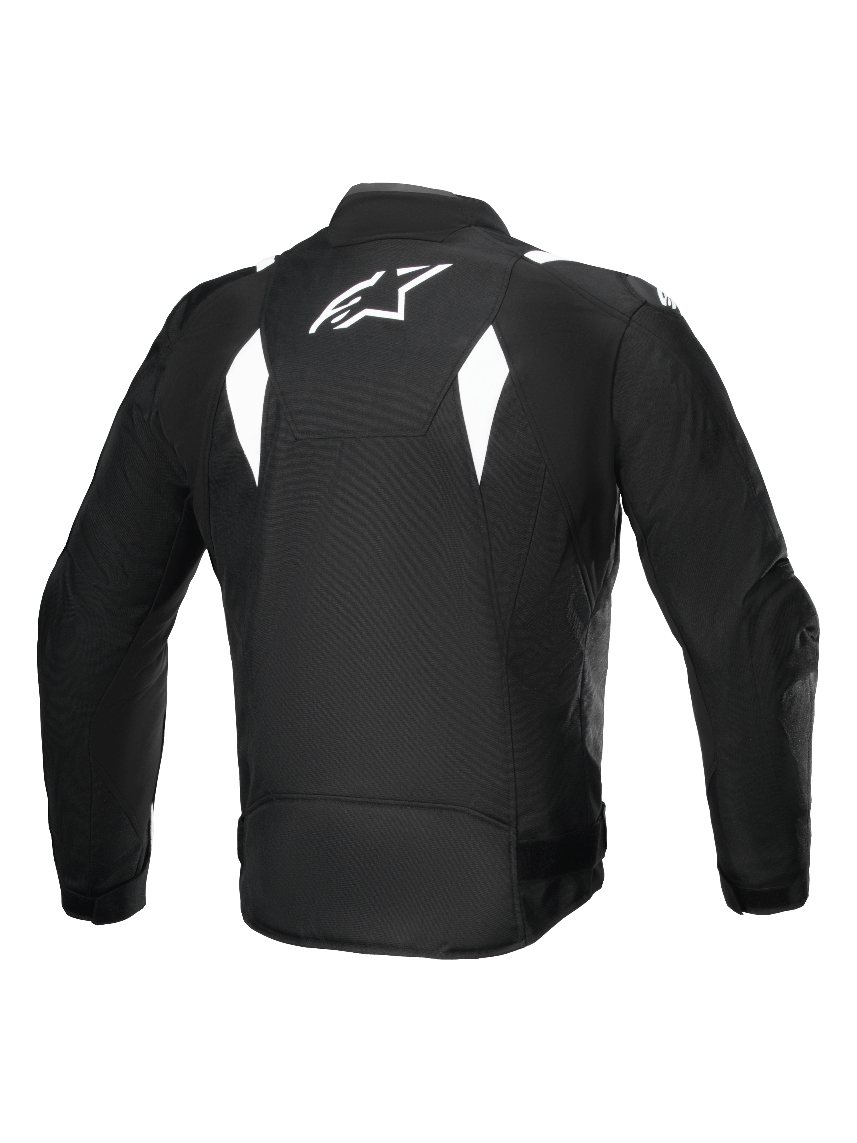 Chaqueta impermeable Alpinestars T-SP 1 V2, vista trasera, negro y blanco, logo Alpinestars blanco en la parte superior de la espalda, chaqueta de moto textil con detalles angulares blancos, silueta deportiva